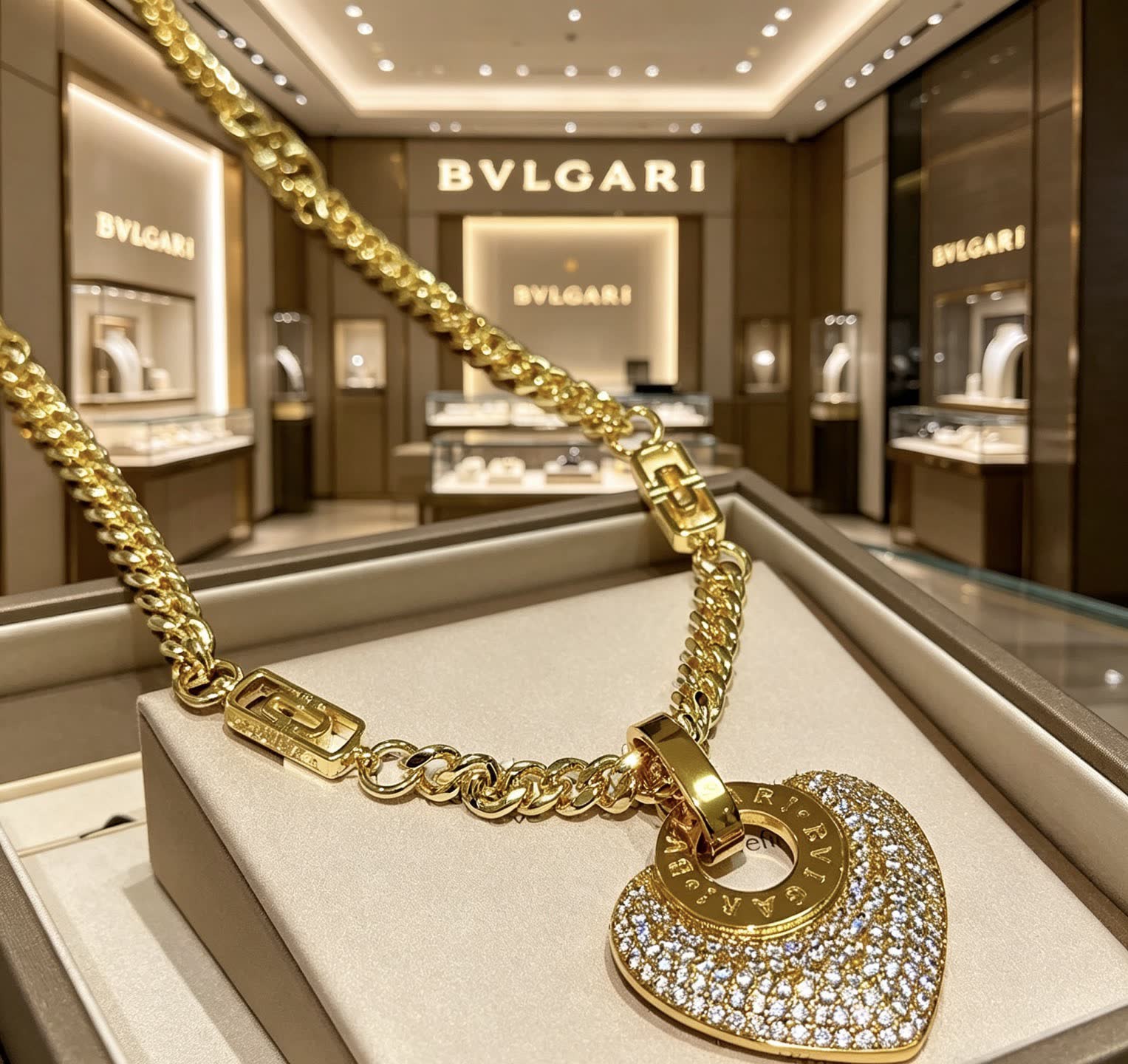 Bvlgari Gold and Diamond Heart Pendant Necklace