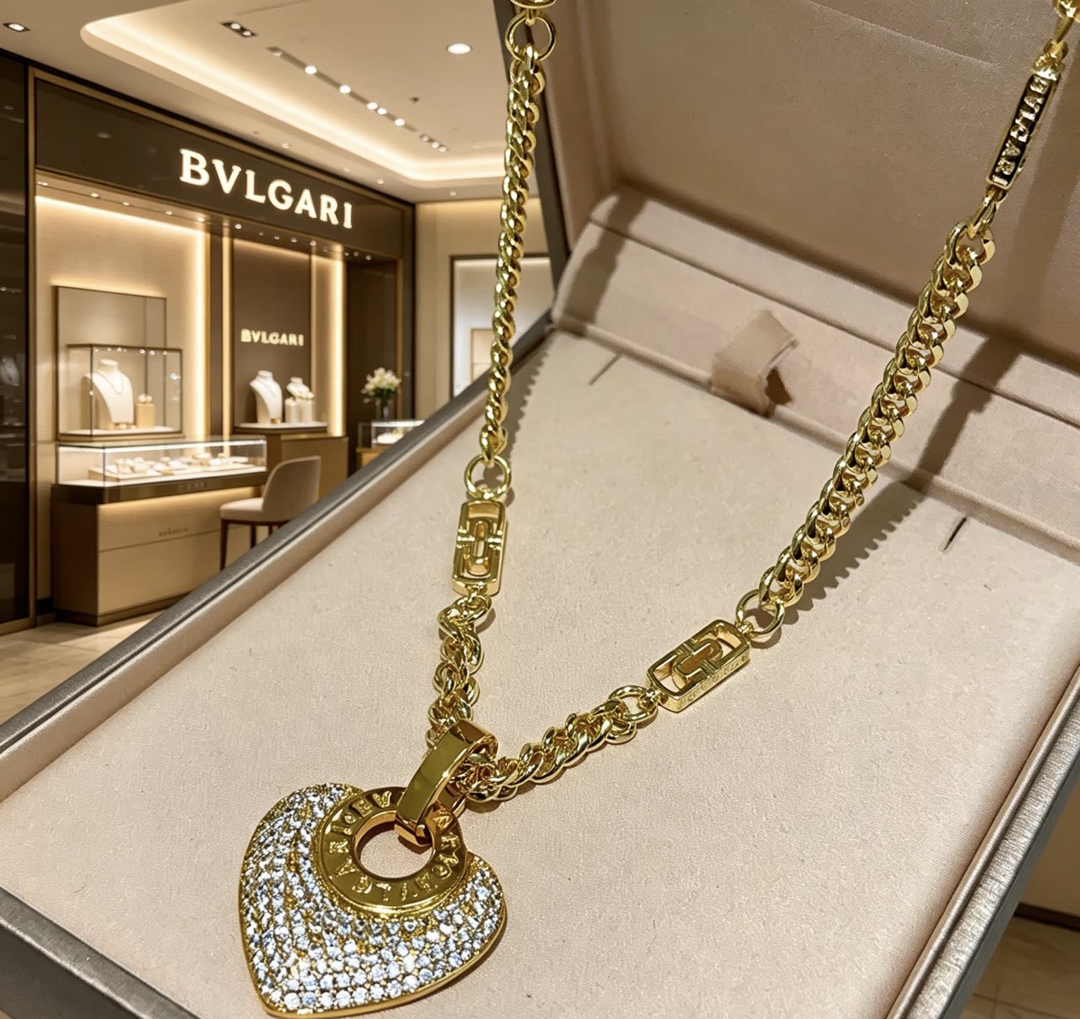 Bvlgari Gold and Diamond Heart Pendant Necklace