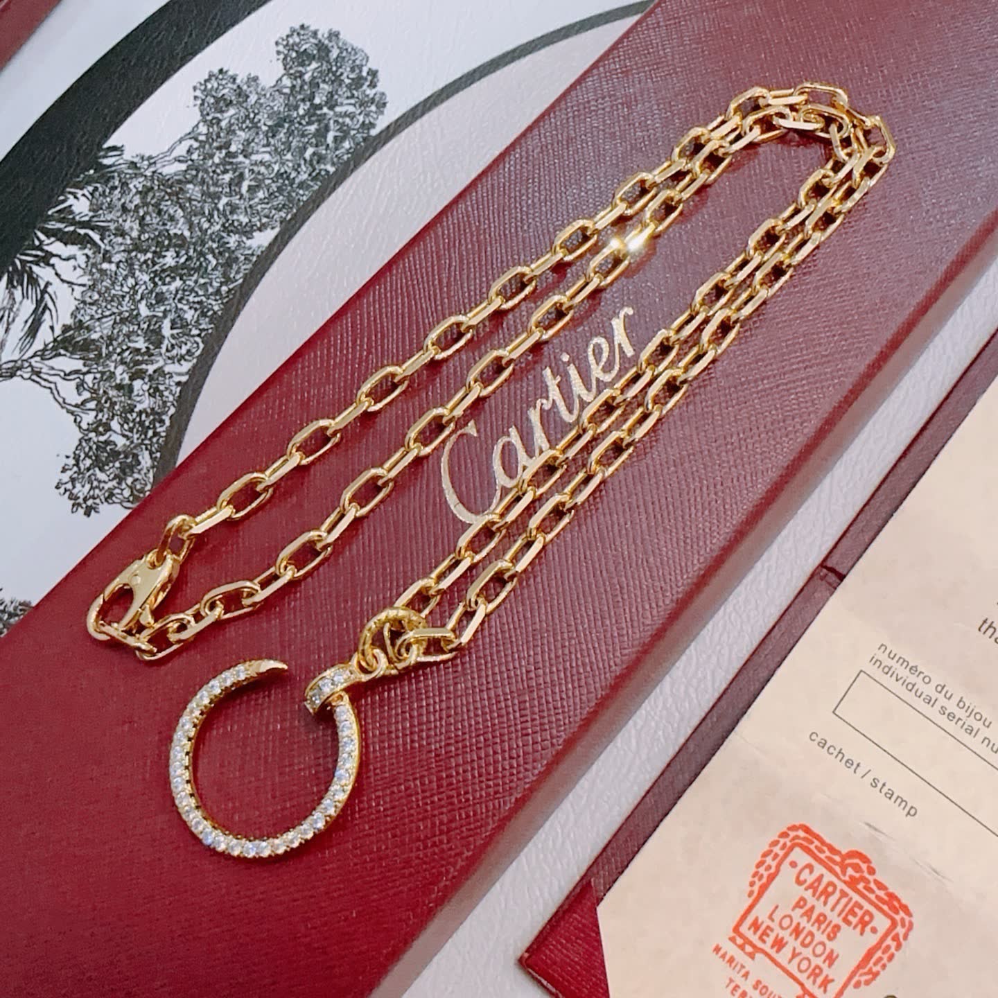 Cartier Gold Chain Necklace with Diamond-Crusted C Ring Cartier Gold Chain Necklace with Diamond-Crusted C Ring