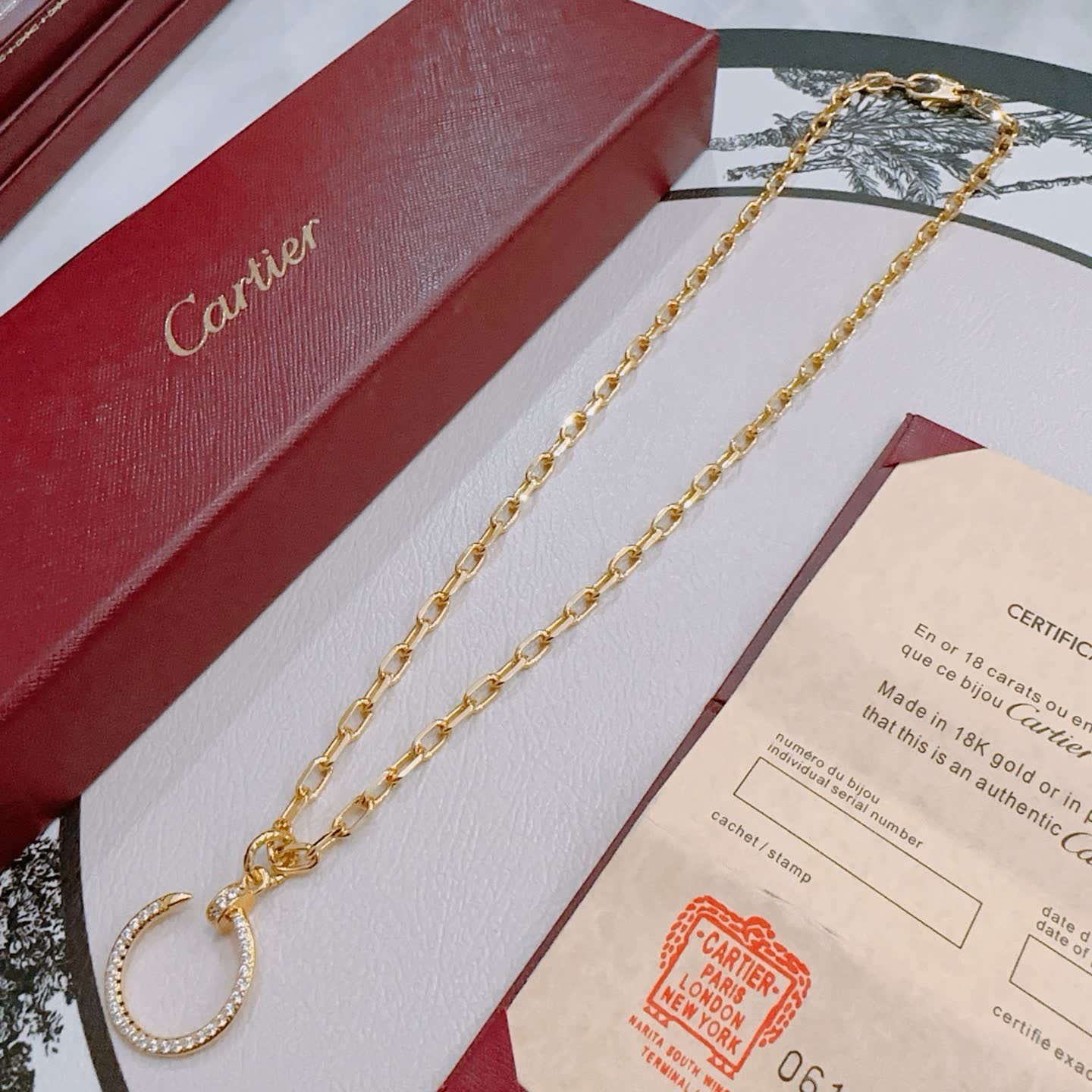 Cartier Gold Chain Necklace with Diamond-Crusted C Ring
