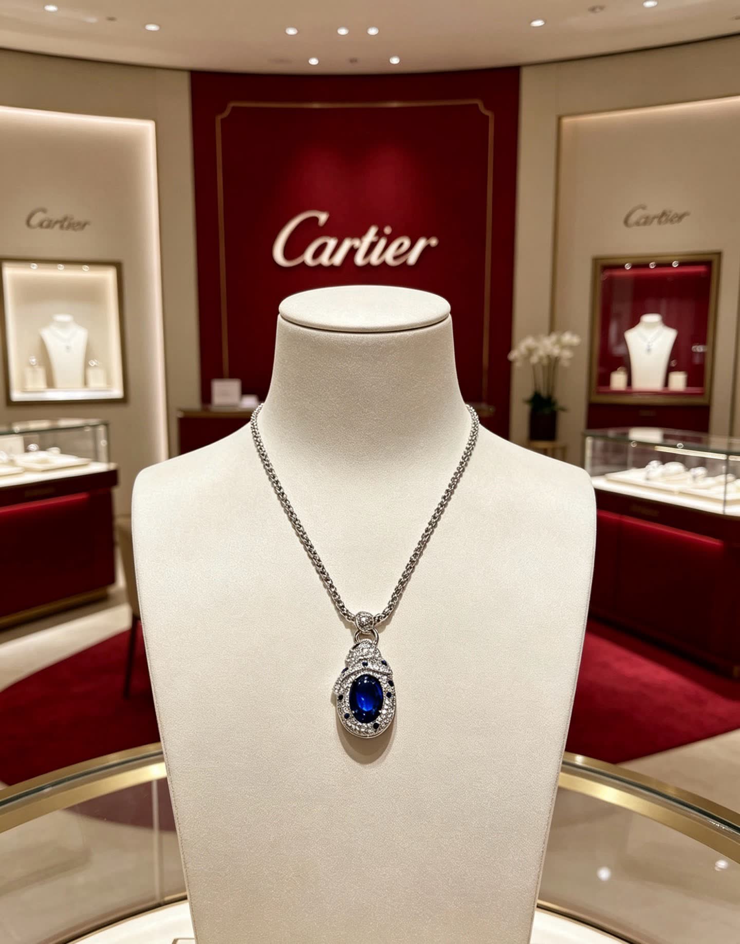 Cartier Elegant Silver Blue Gemstone Pendant Necklace
