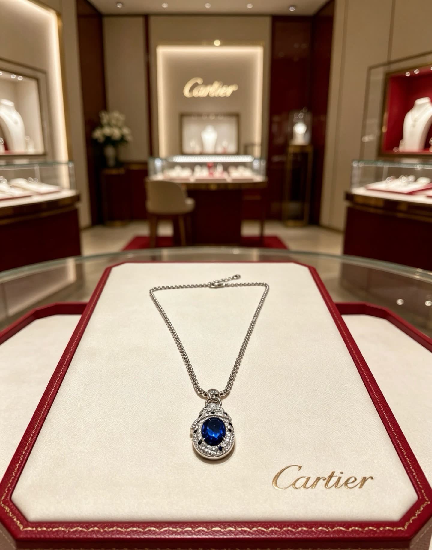 Cartier Elegant Silver Blue Gemstone Pendant Necklace