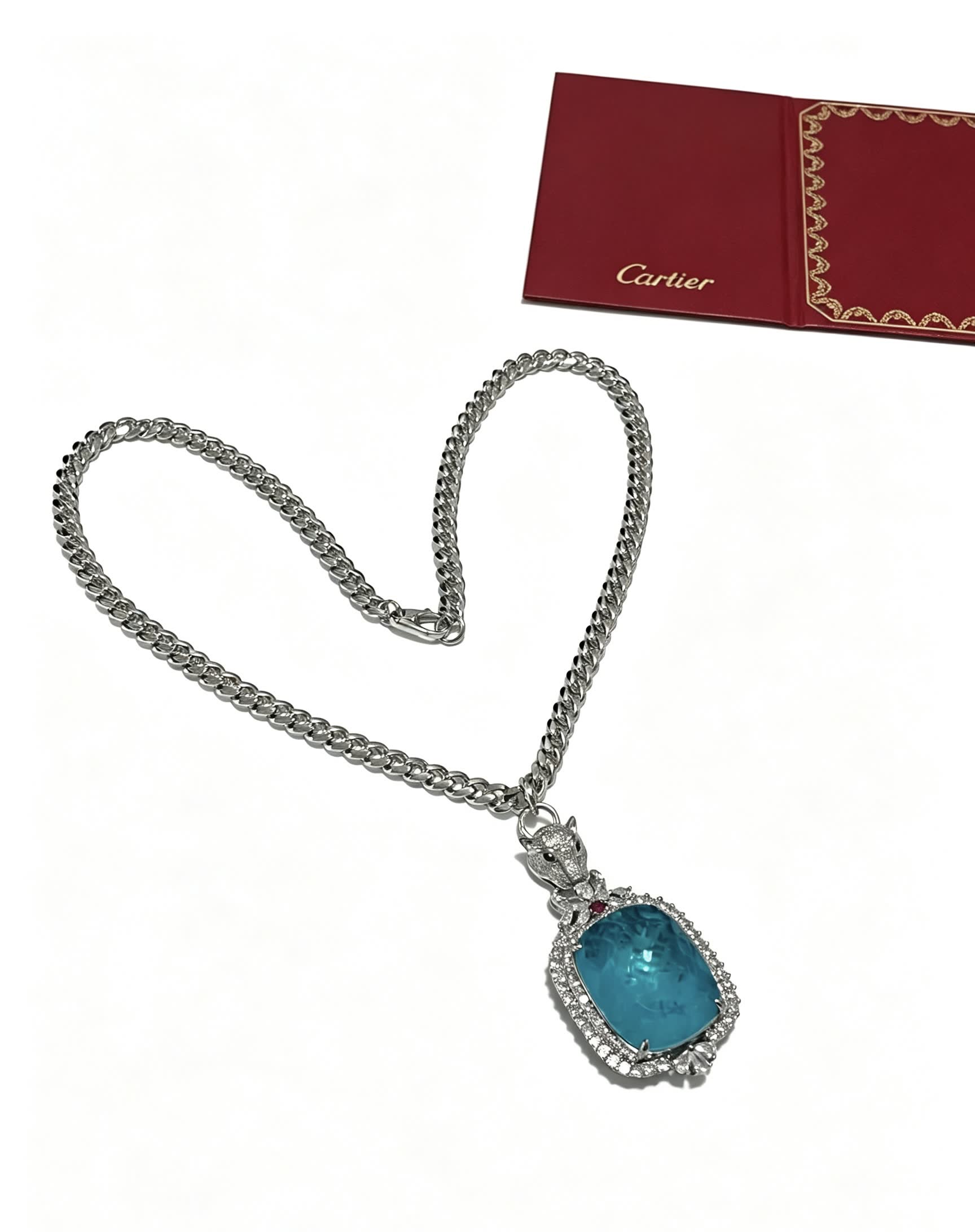 Cartier Blue Zircon and Diamond Panther Pendant Necklace Cartier Blue Zircon and Diamond Panther Pendant Necklace