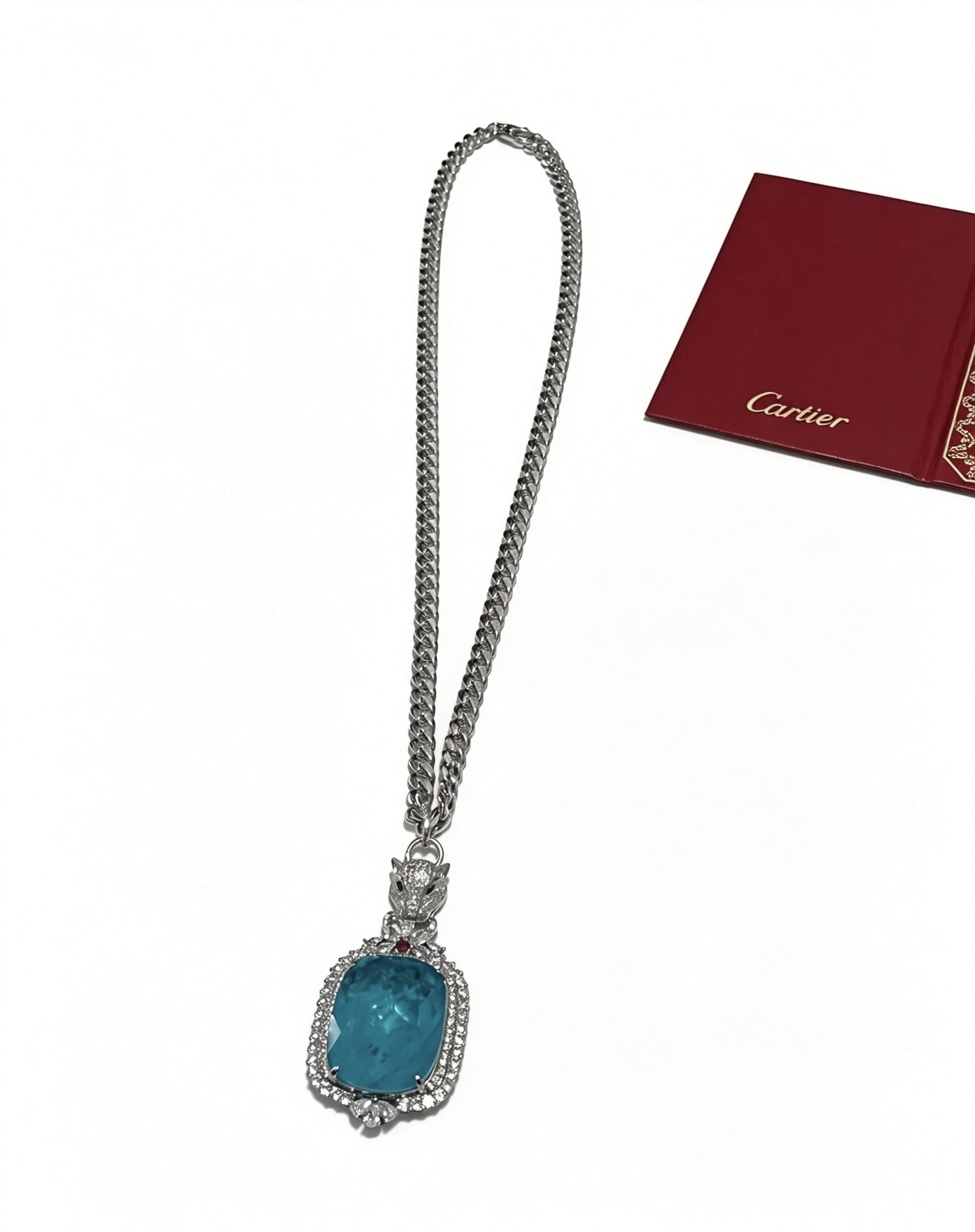 Cartier Blue Zircon and Diamond Panther Pendant Necklace