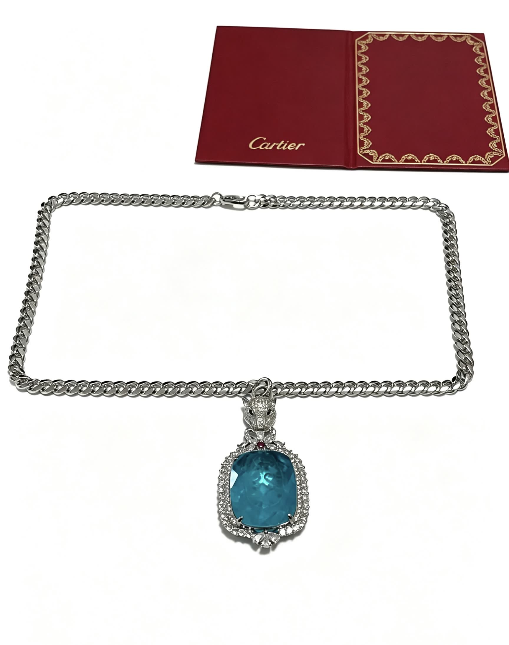Cartier Blue Zircon and Diamond Panther Pendant Necklace