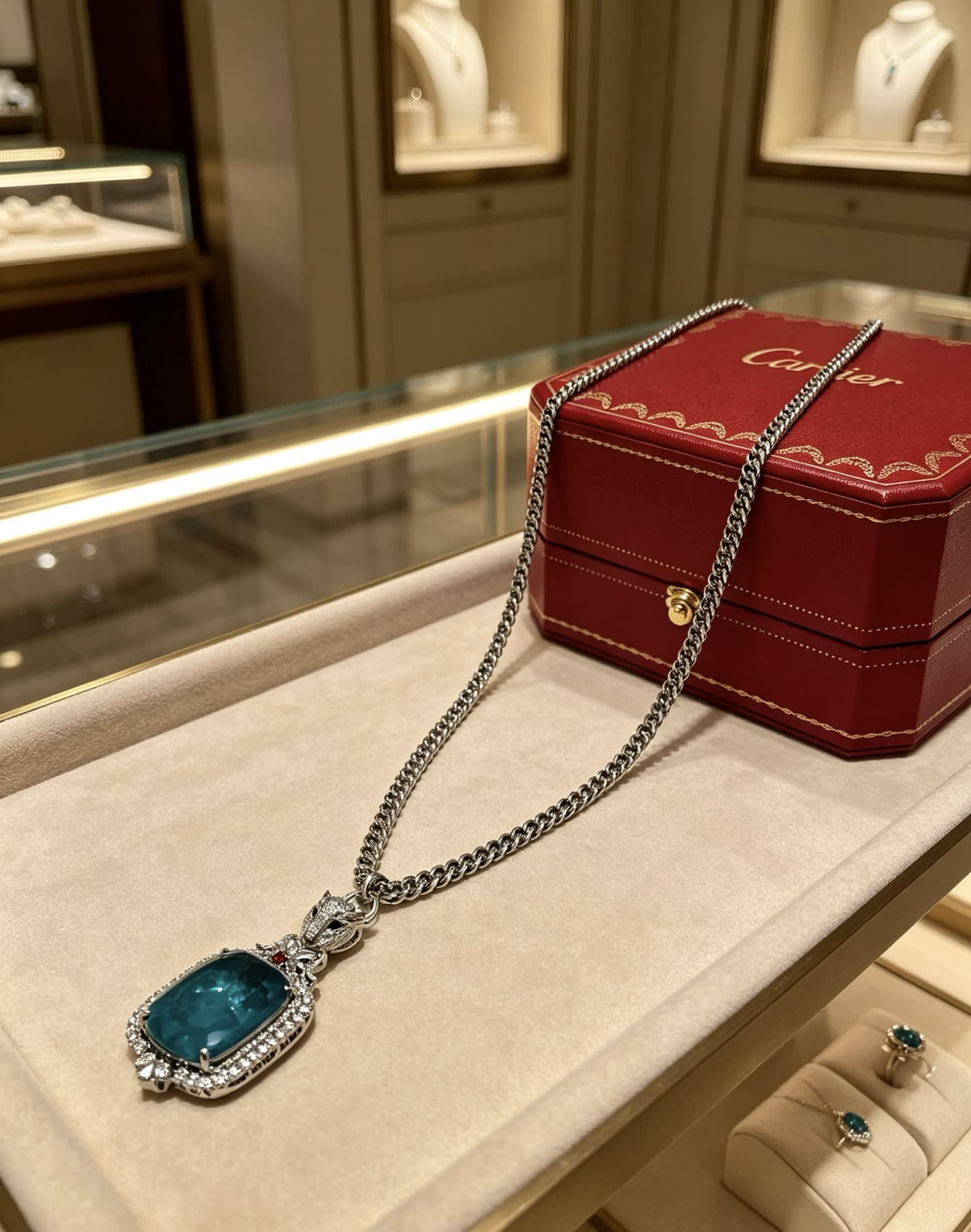 Cartier Blue Zircon and Diamond Panther Pendant Necklace