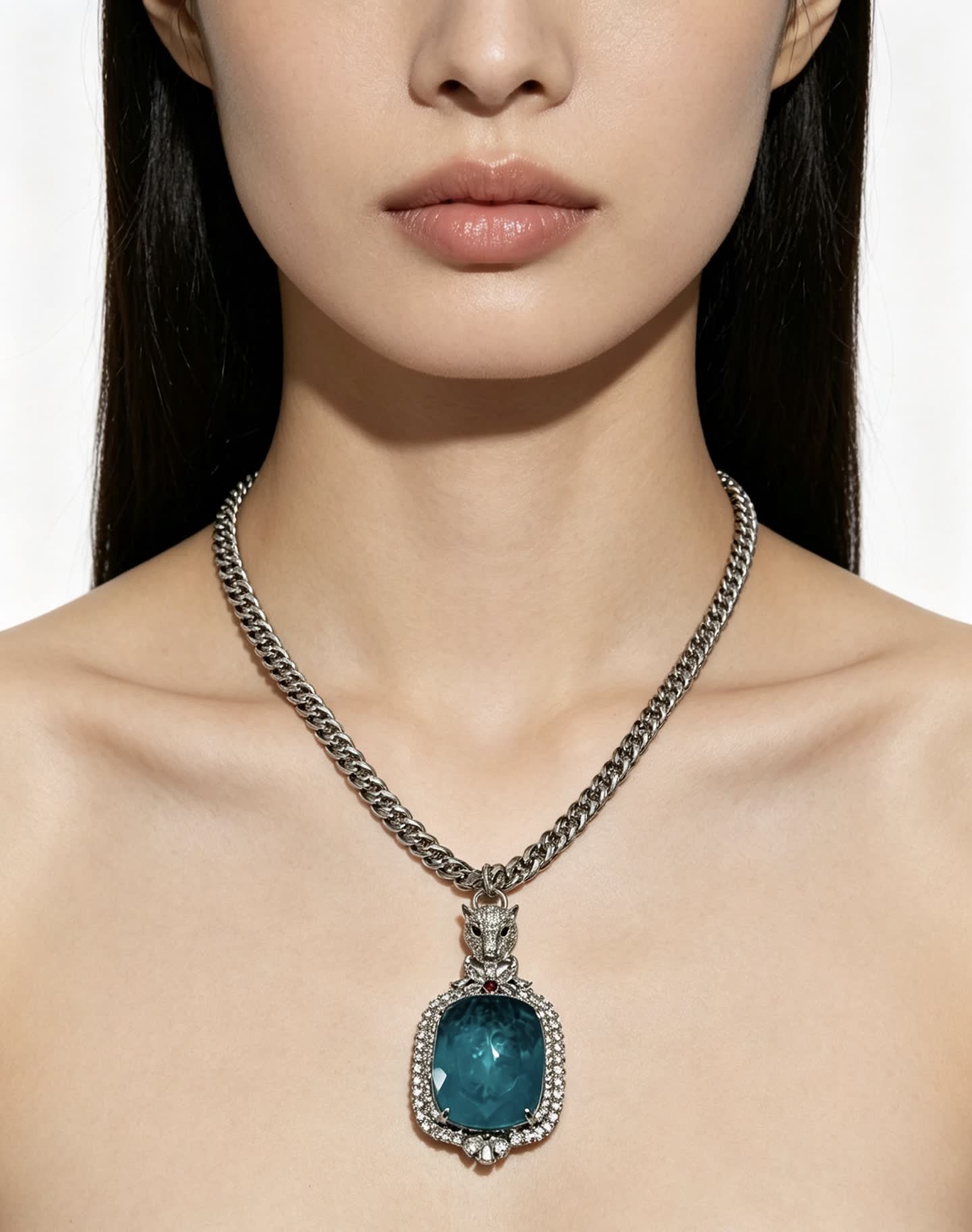 Cartier Blue Zircon and Diamond Panther Pendant Necklace