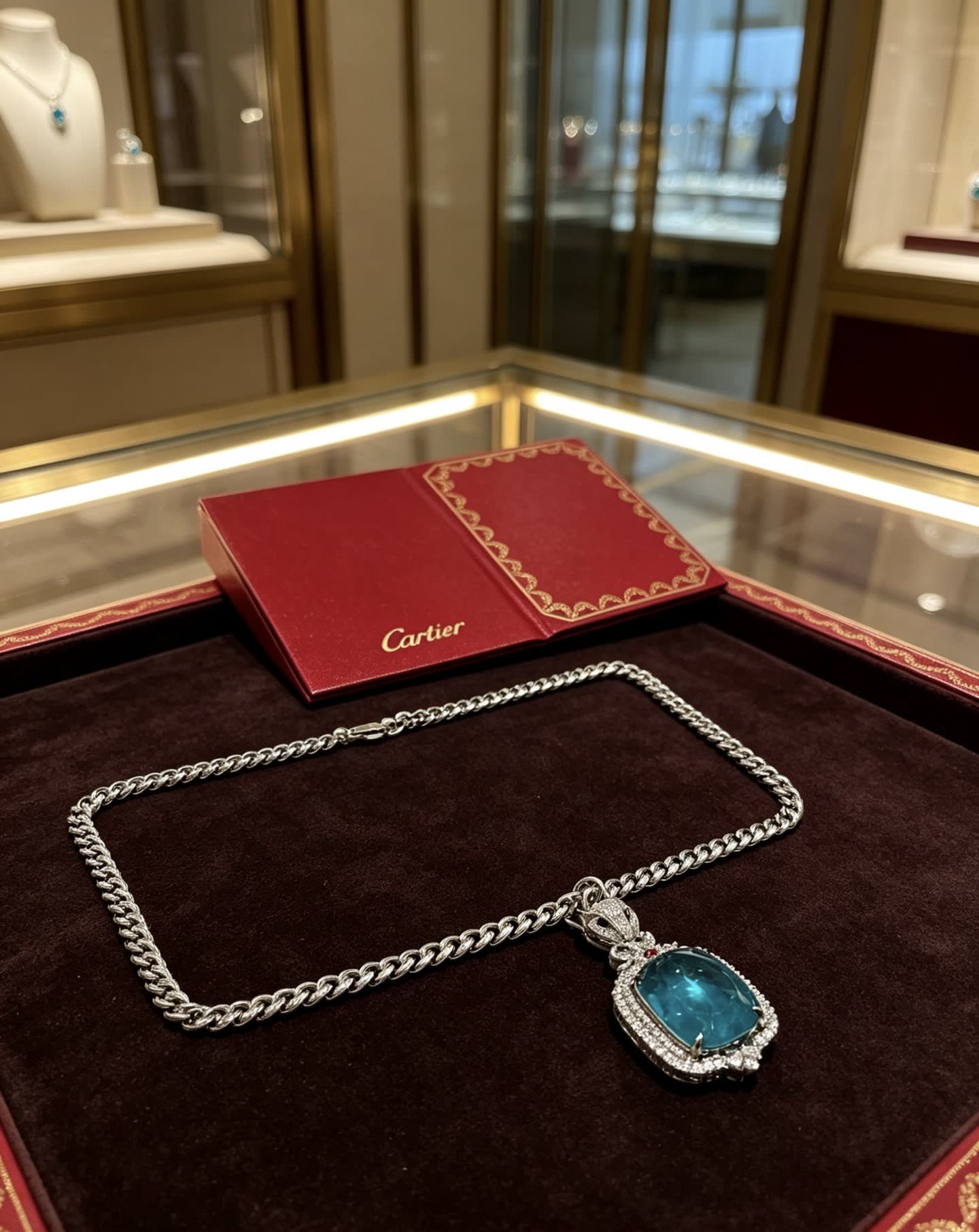 Cartier Blue Zircon and Diamond Panther Pendant Necklace