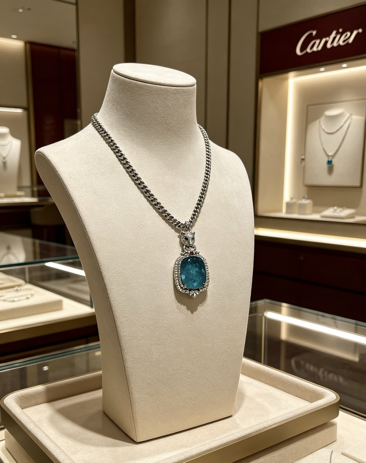 Cartier Blue Zircon and Diamond Panther Pendant Necklace