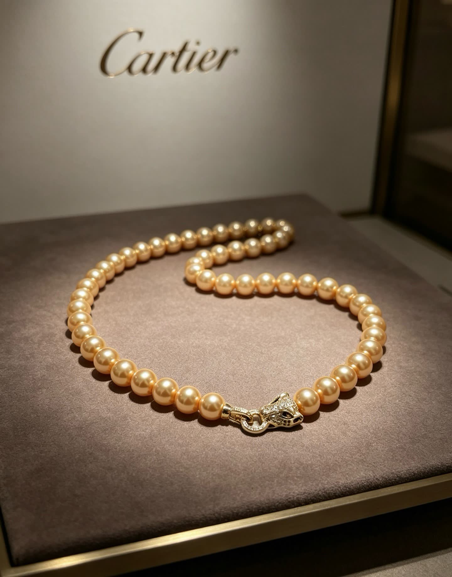 Cartier Gold Pearl Necklace with Diamond Panther Clasp