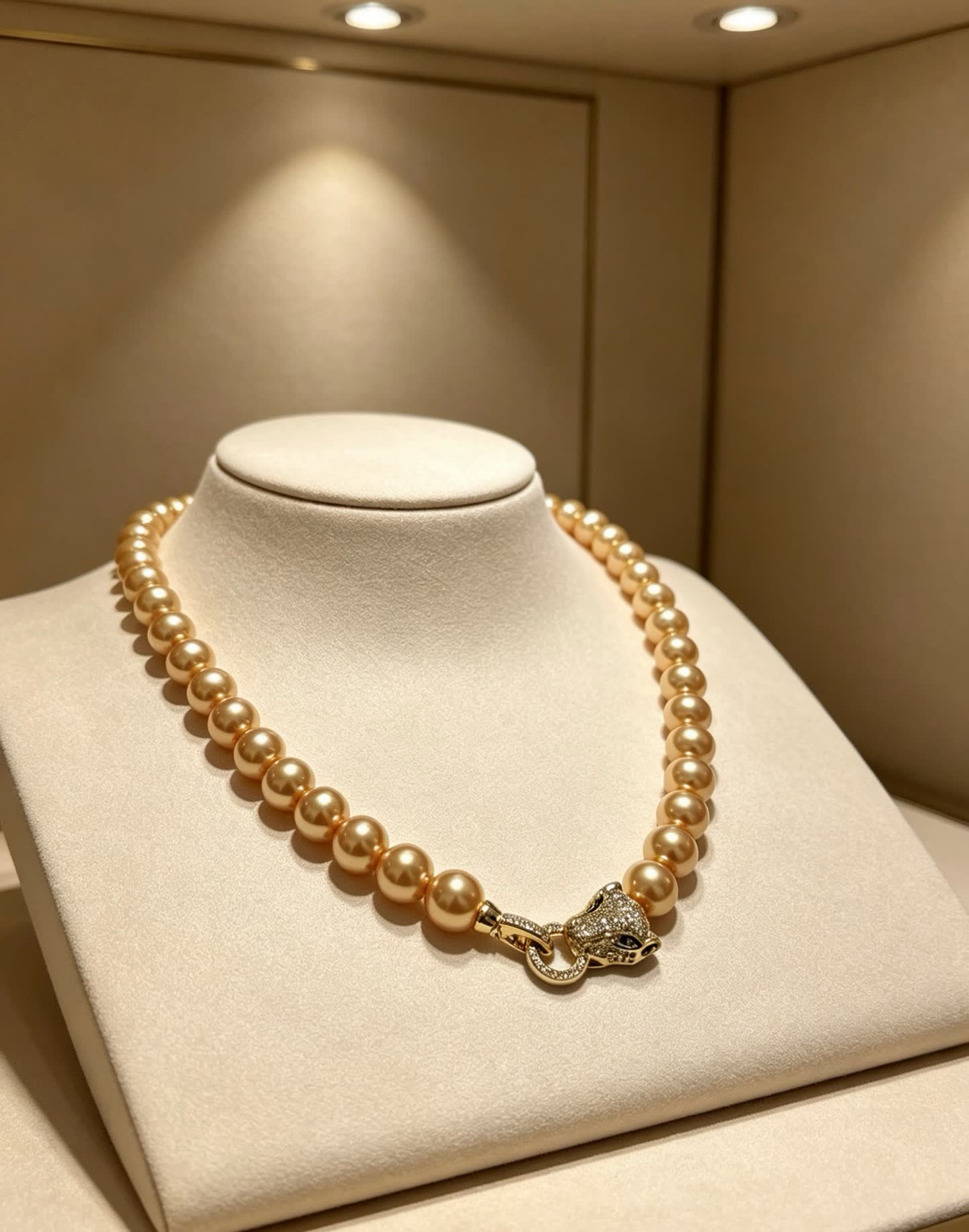 Cartier Gold Pearl Necklace with Diamond Panther Clasp
