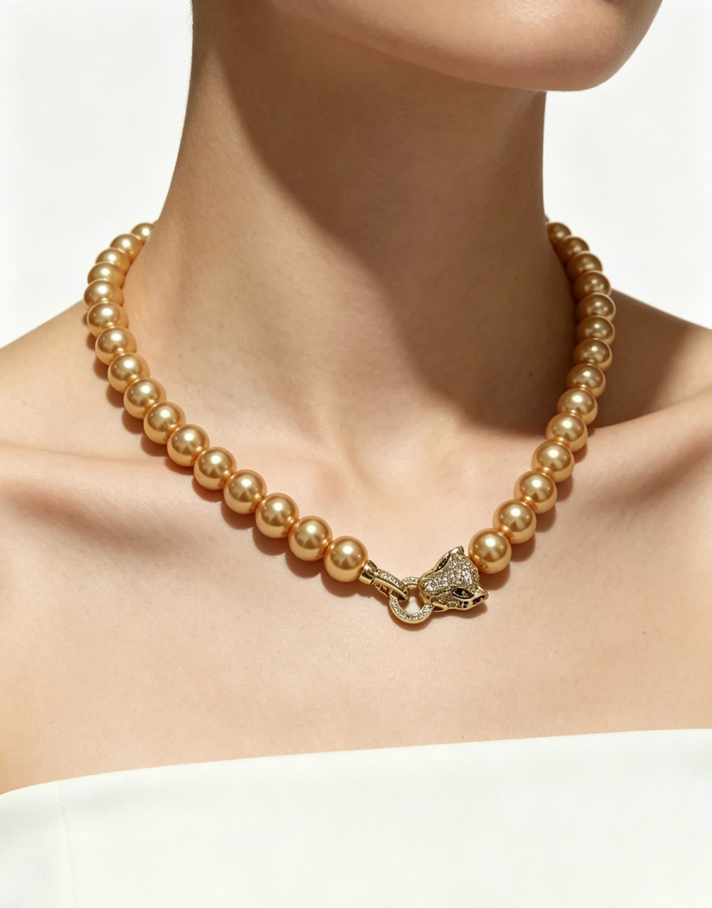 Cartier Gold Pearl Necklace with Diamond Panther Clasp
