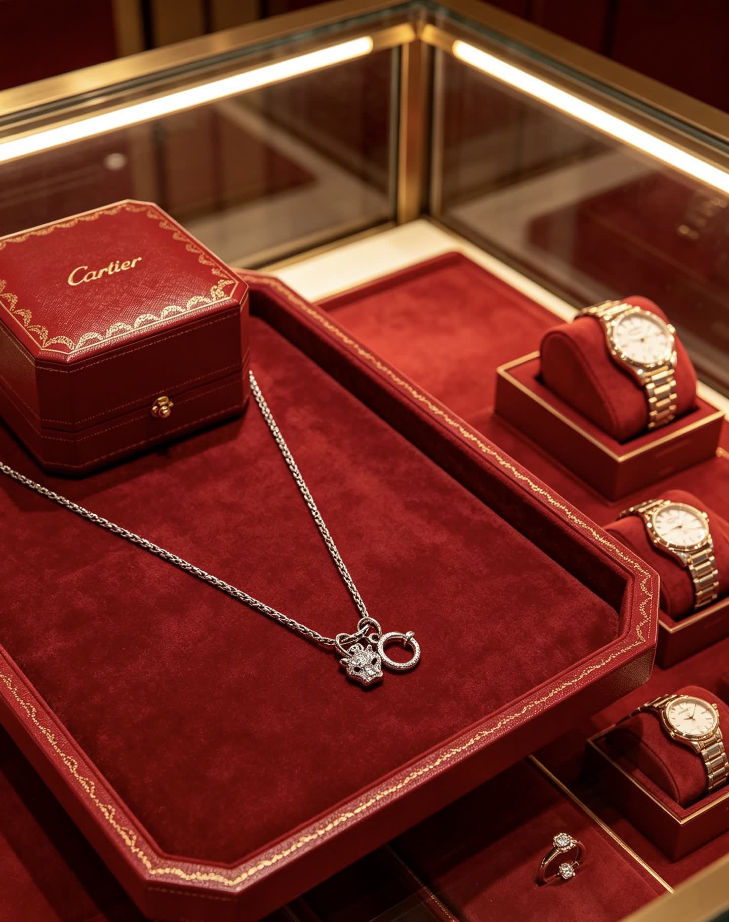 Cartier Silver Necklace with Diamond-Encrusted Panther and Ring Design Cartier Silver Necklace with Diamond-Encrusted Panther and Ring Design