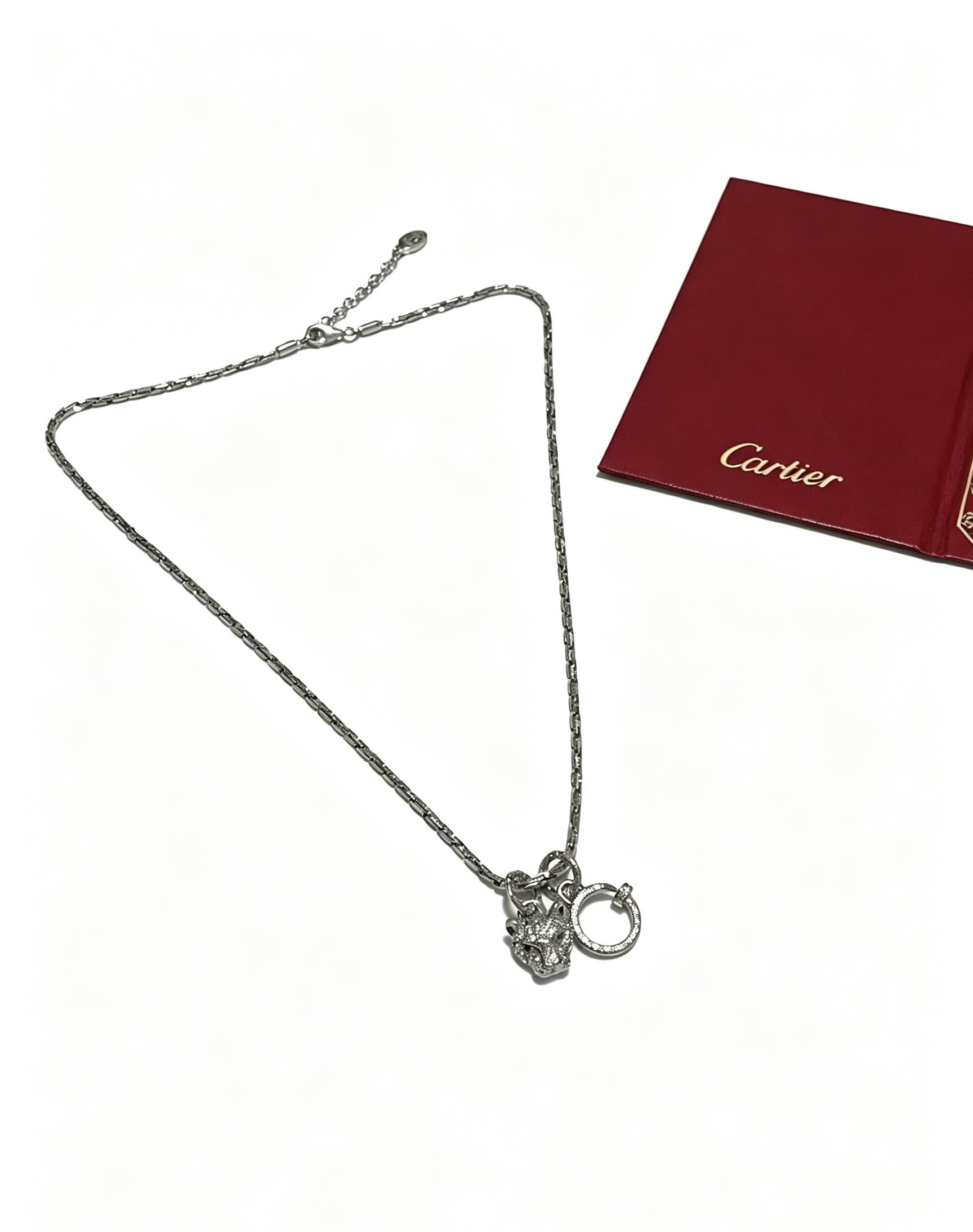 Cartier Silver Necklace with Diamond-Encrusted Panther and Ring Design