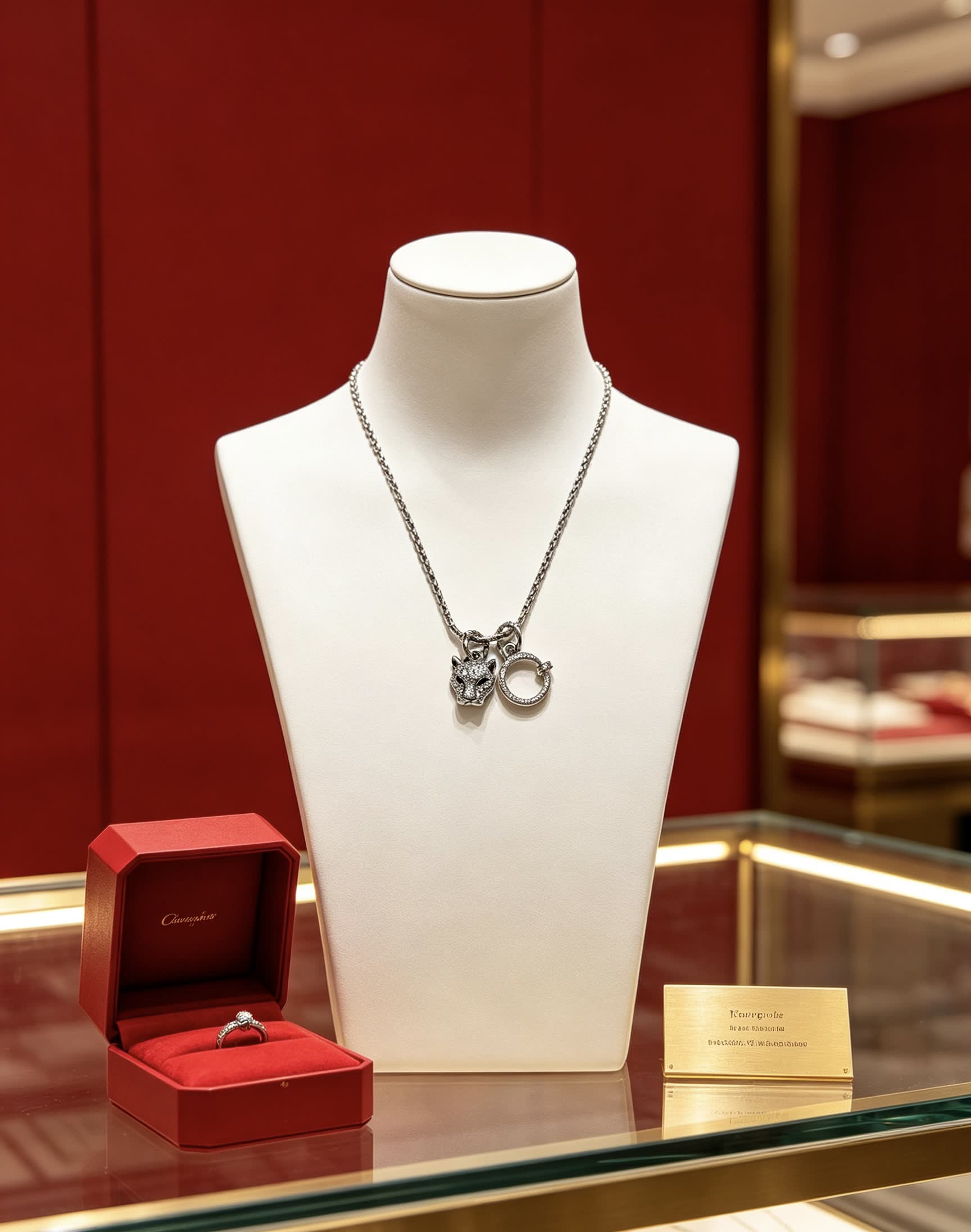 Cartier Silver Necklace with Diamond-Encrusted Panther and Ring Design