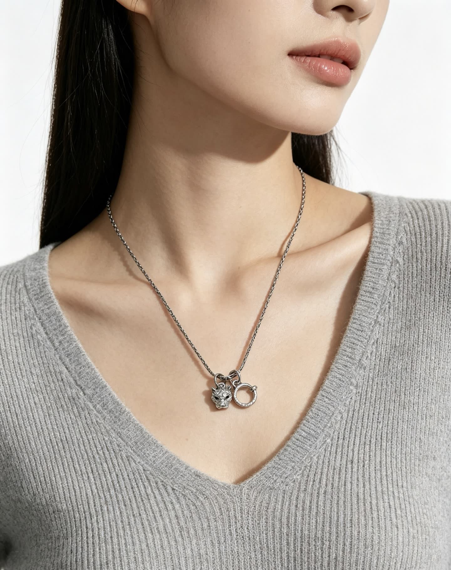 Cartier Silver Necklace with Diamond-Encrusted Panther and Ring Design