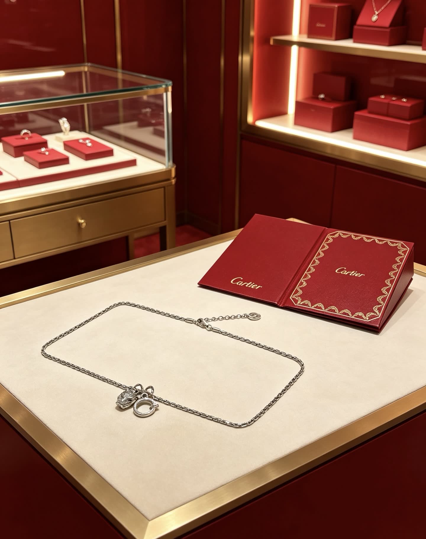 Cartier Silver Necklace with Diamond-Encrusted Panther and Ring Design