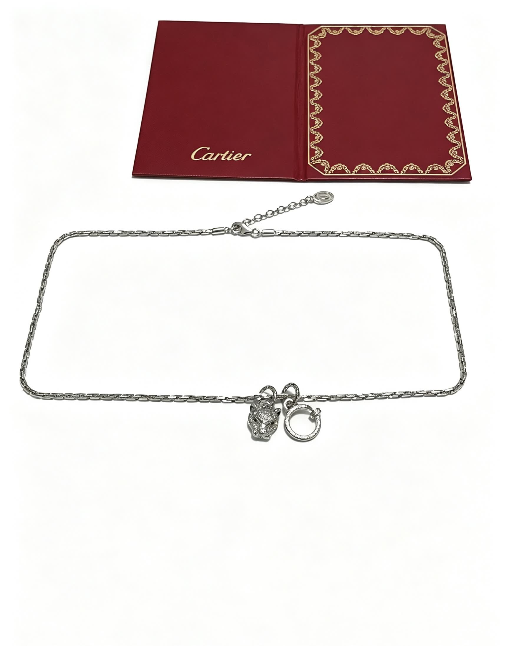 Cartier Silver Necklace with Diamond-Encrusted Panther and Ring Design