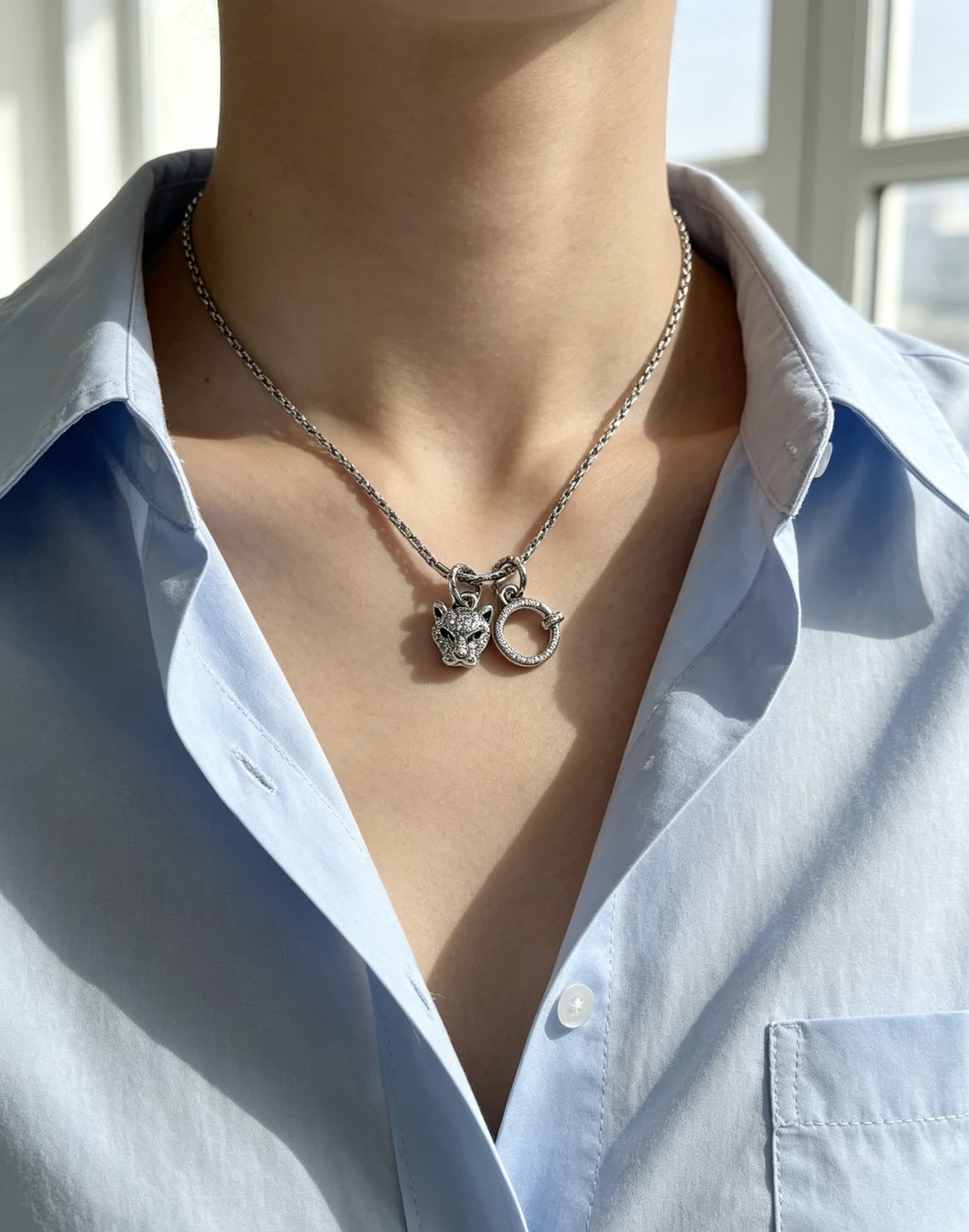 Cartier Silver Necklace with Diamond-Encrusted Panther and Ring Design