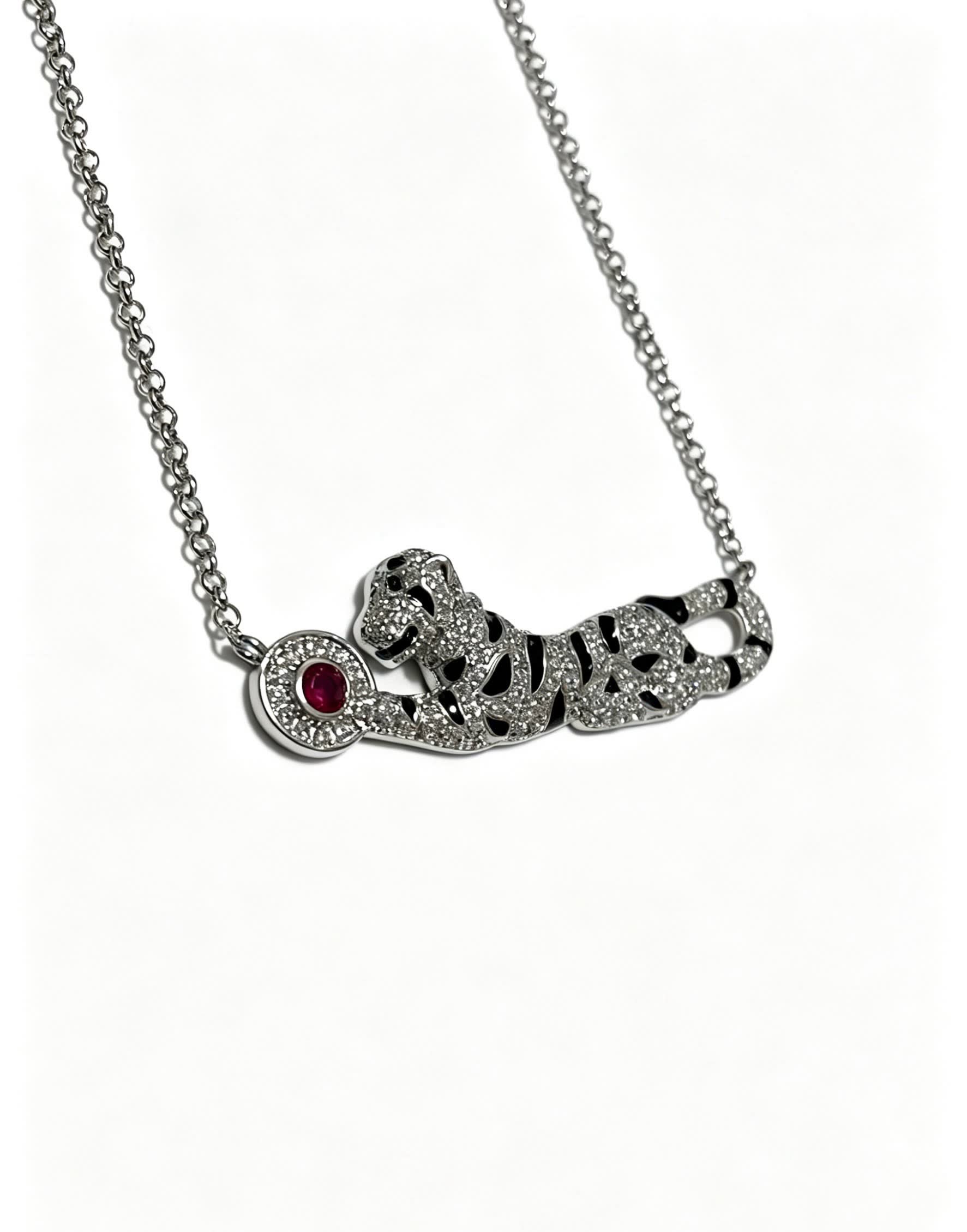 Cartier Silver Leopard Necklace with Ruby and Diamonds