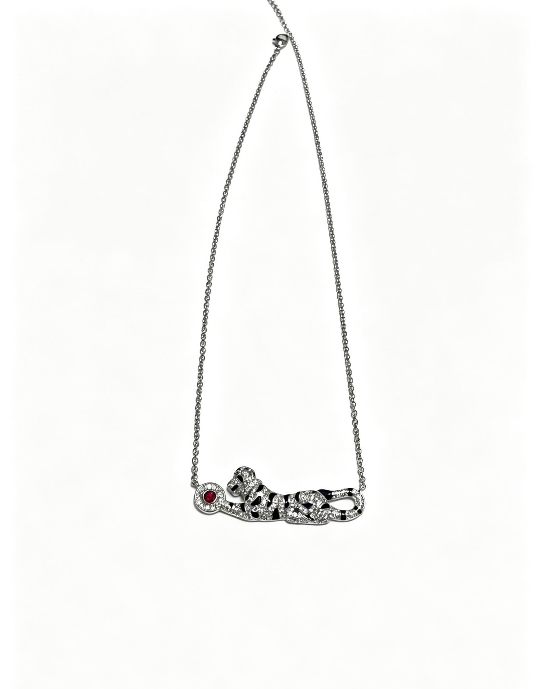 Cartier Silver Leopard Necklace with Ruby and Diamonds