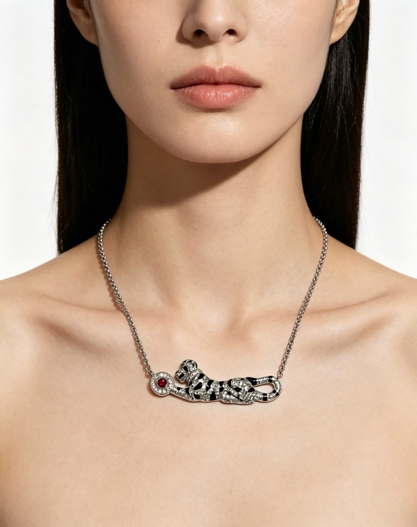 Cartier Silver Leopard Necklace with Ruby and Diamonds