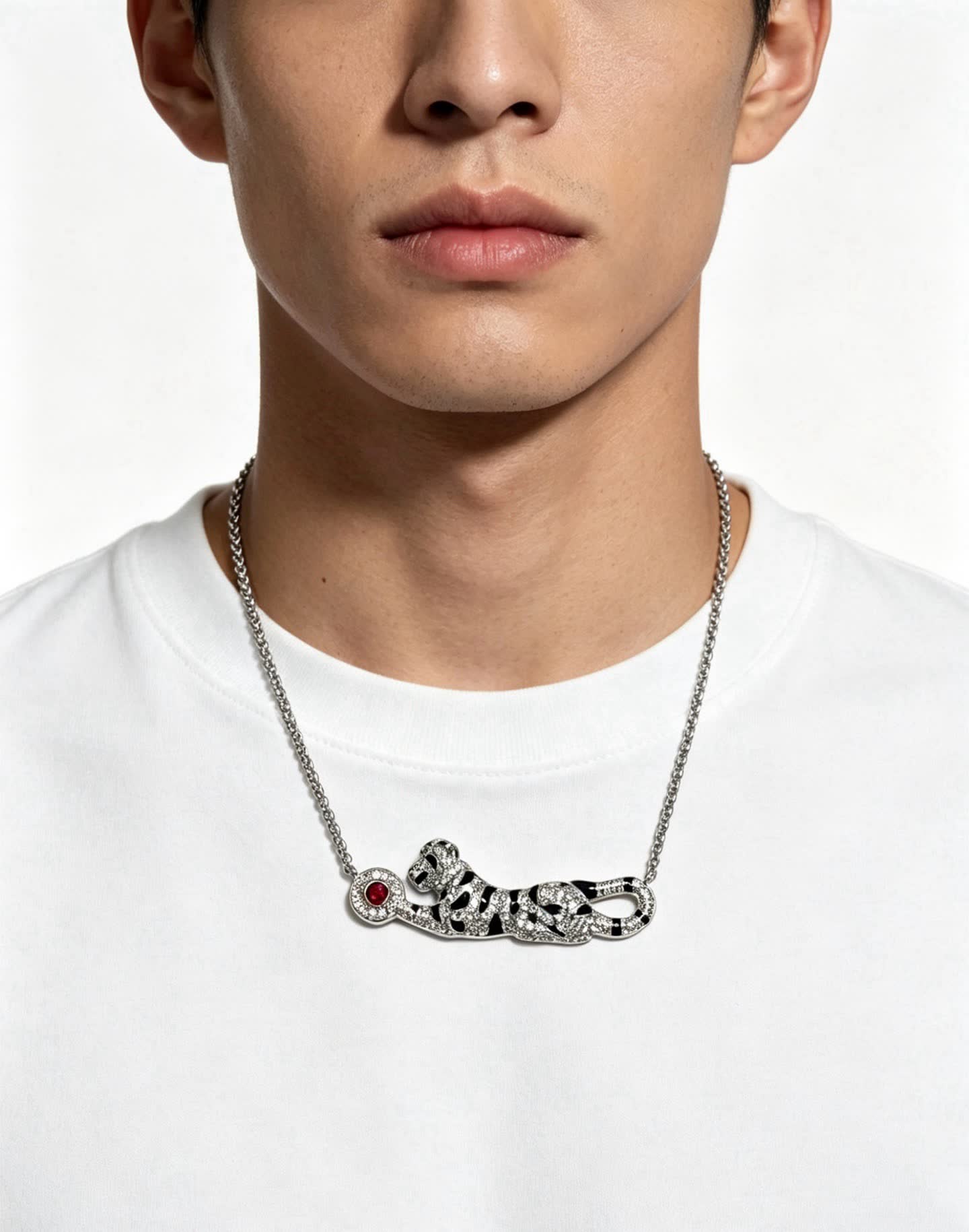 Cartier Silver Leopard Necklace with Ruby and Diamonds