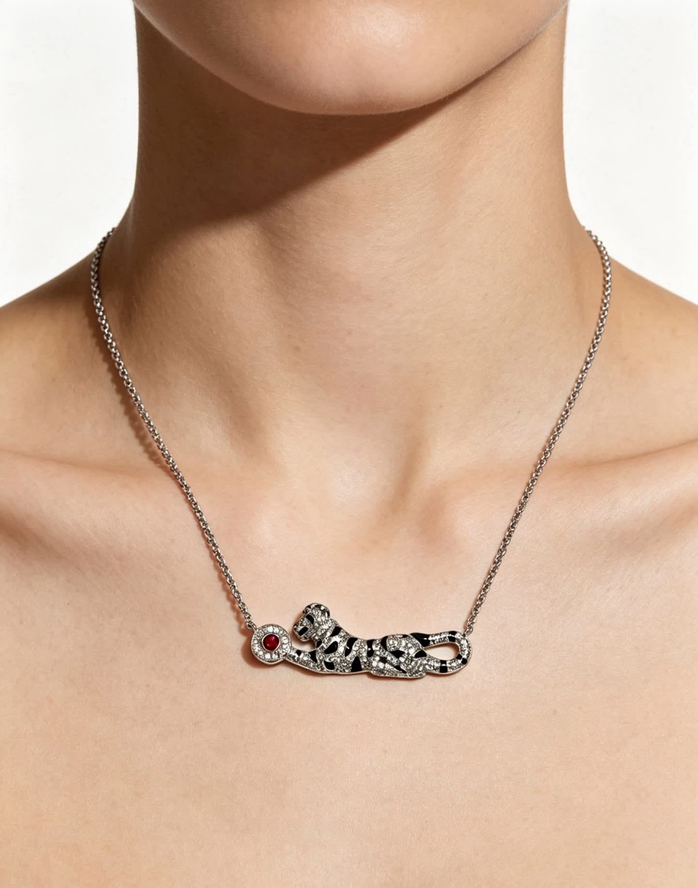 Cartier Silver Leopard Necklace with Ruby and Diamonds