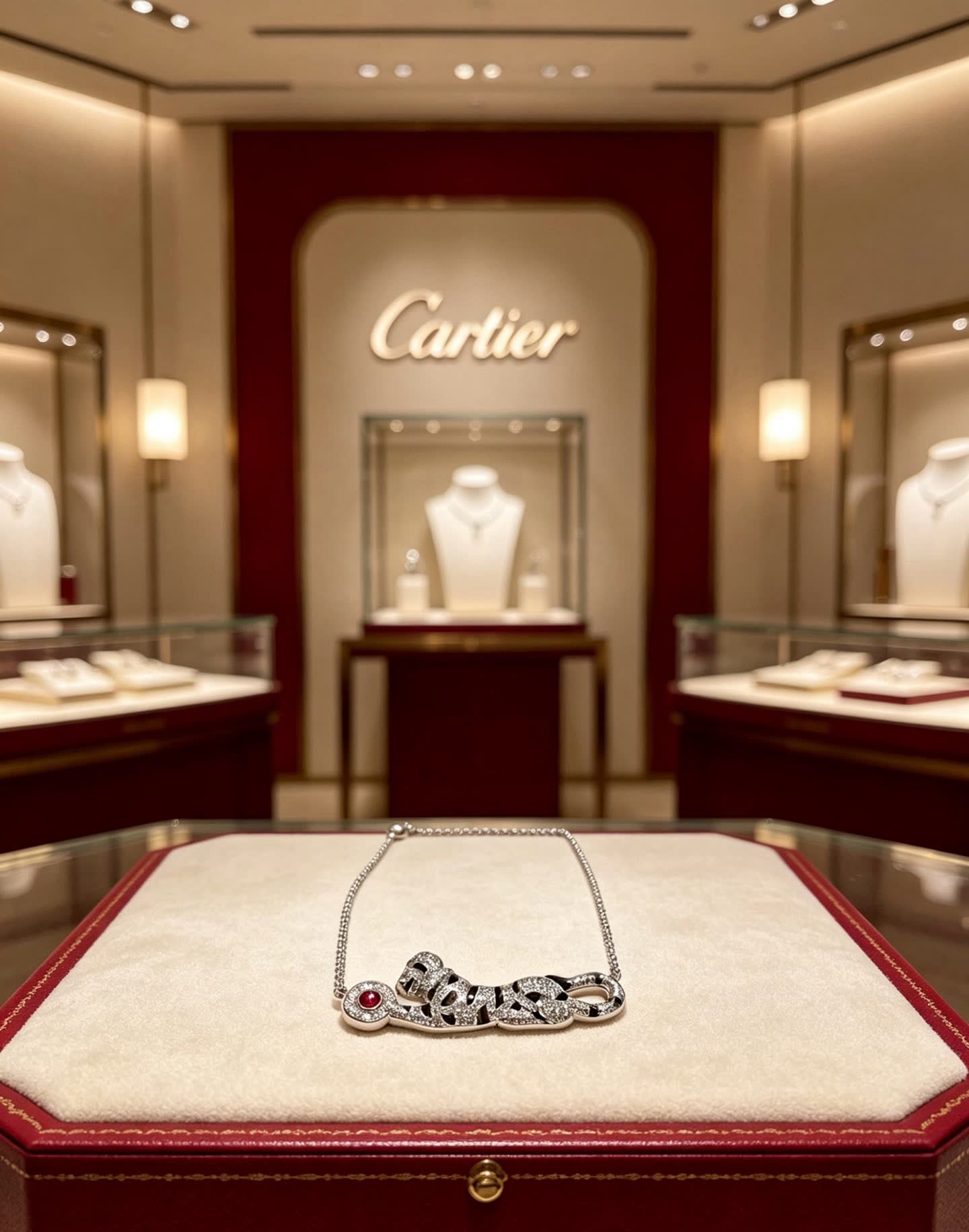 Cartier Silver Leopard Necklace with Ruby and Diamonds