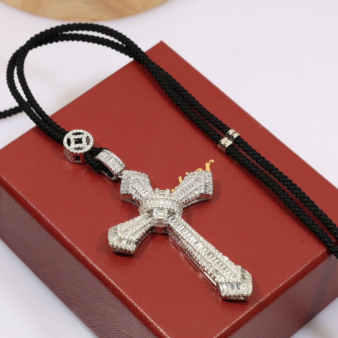 Cartier Luxury Silver Cross Pendant with Black Rope Chain