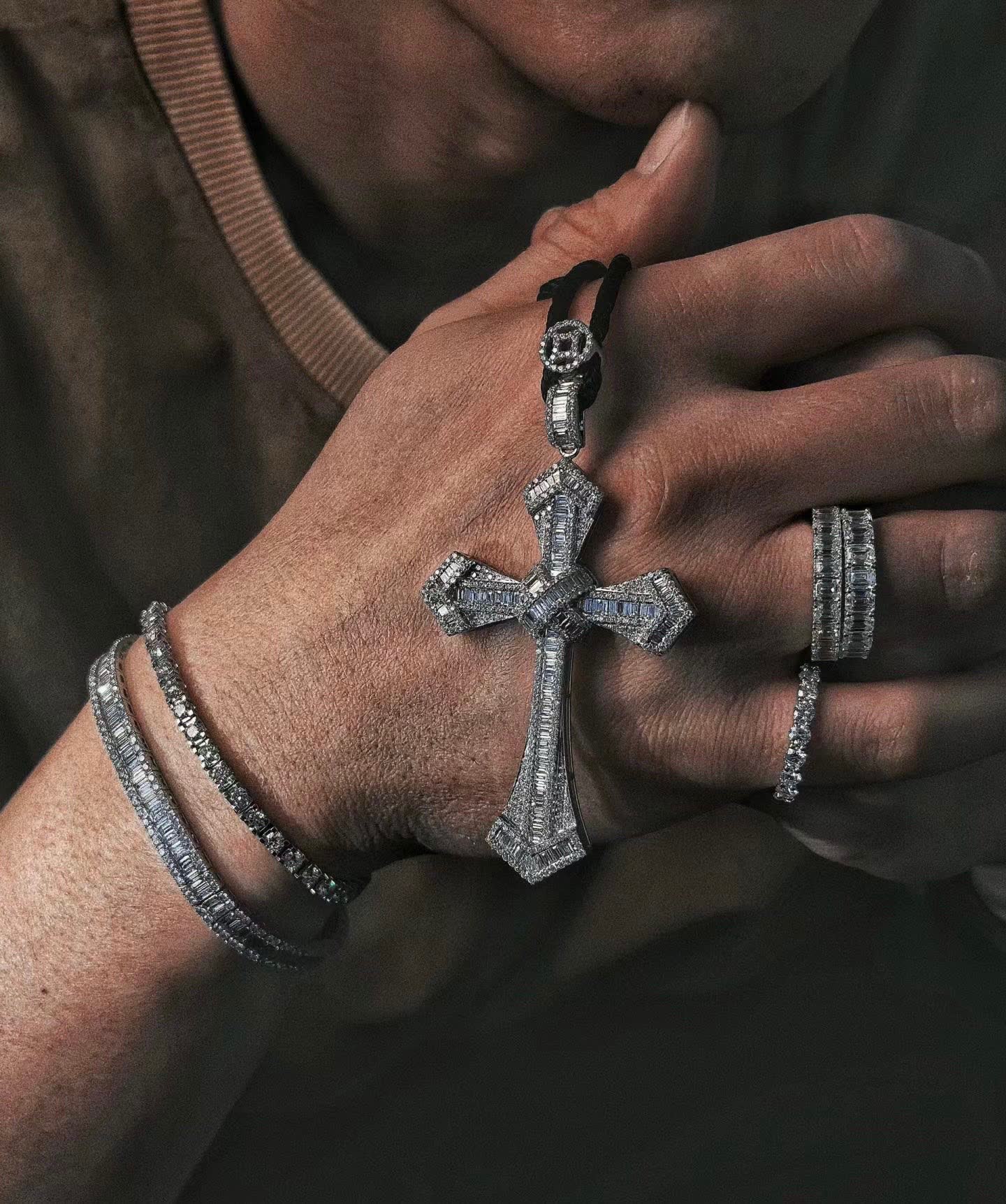 Cartier Luxury Silver Cross Pendant with Black Rope Chain