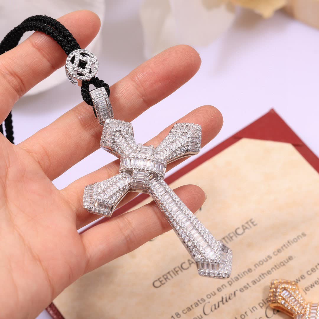 Cartier Luxury Silver Cross Pendant with Black Rope Chain