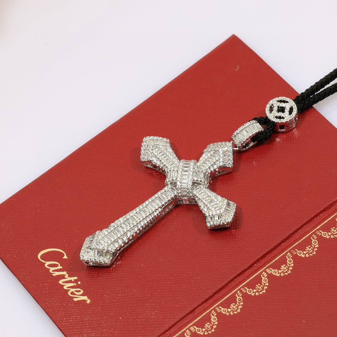 Cartier Luxury Silver Cross Pendant with Black Rope Chain
