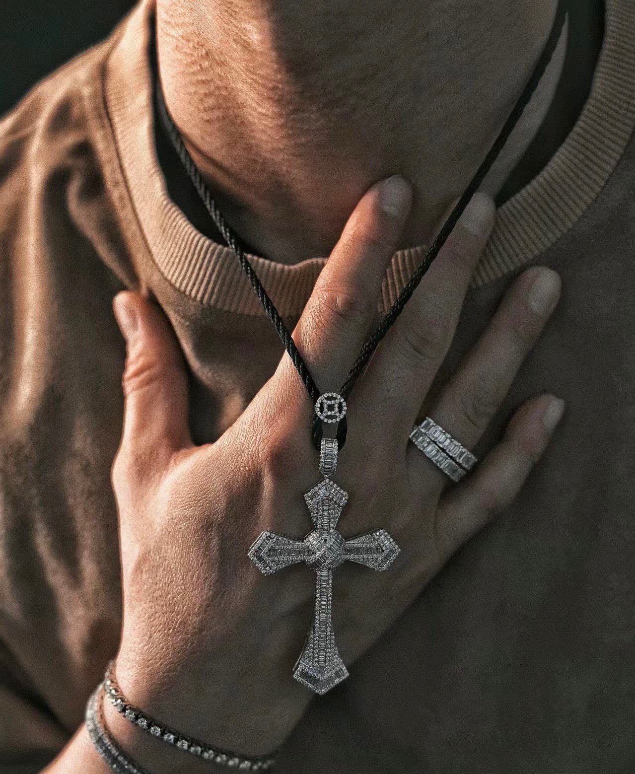 Cartier Luxury Silver Cross Pendant with Black Rope Chain