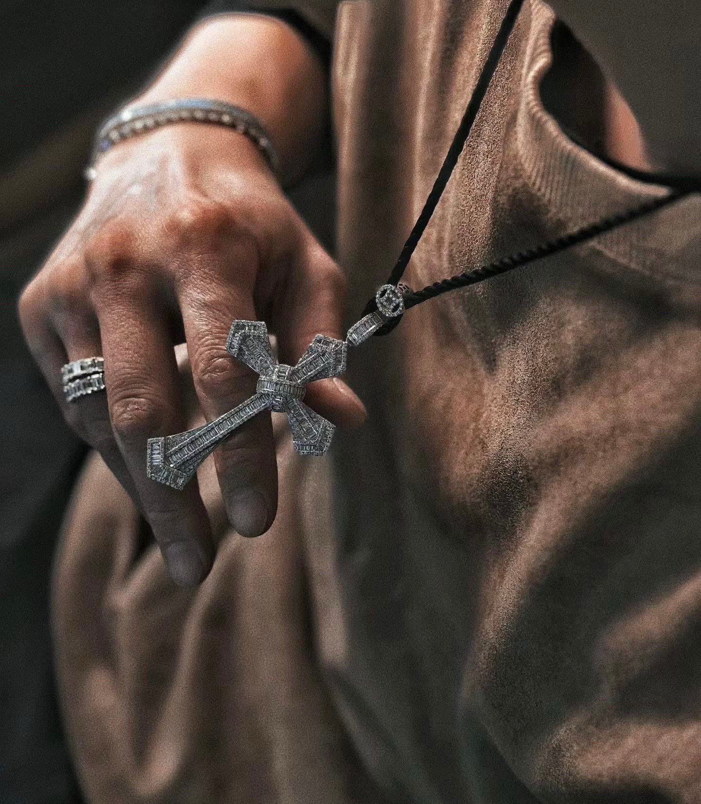 Cartier Luxury Silver Cross Pendant with Black Rope Chain