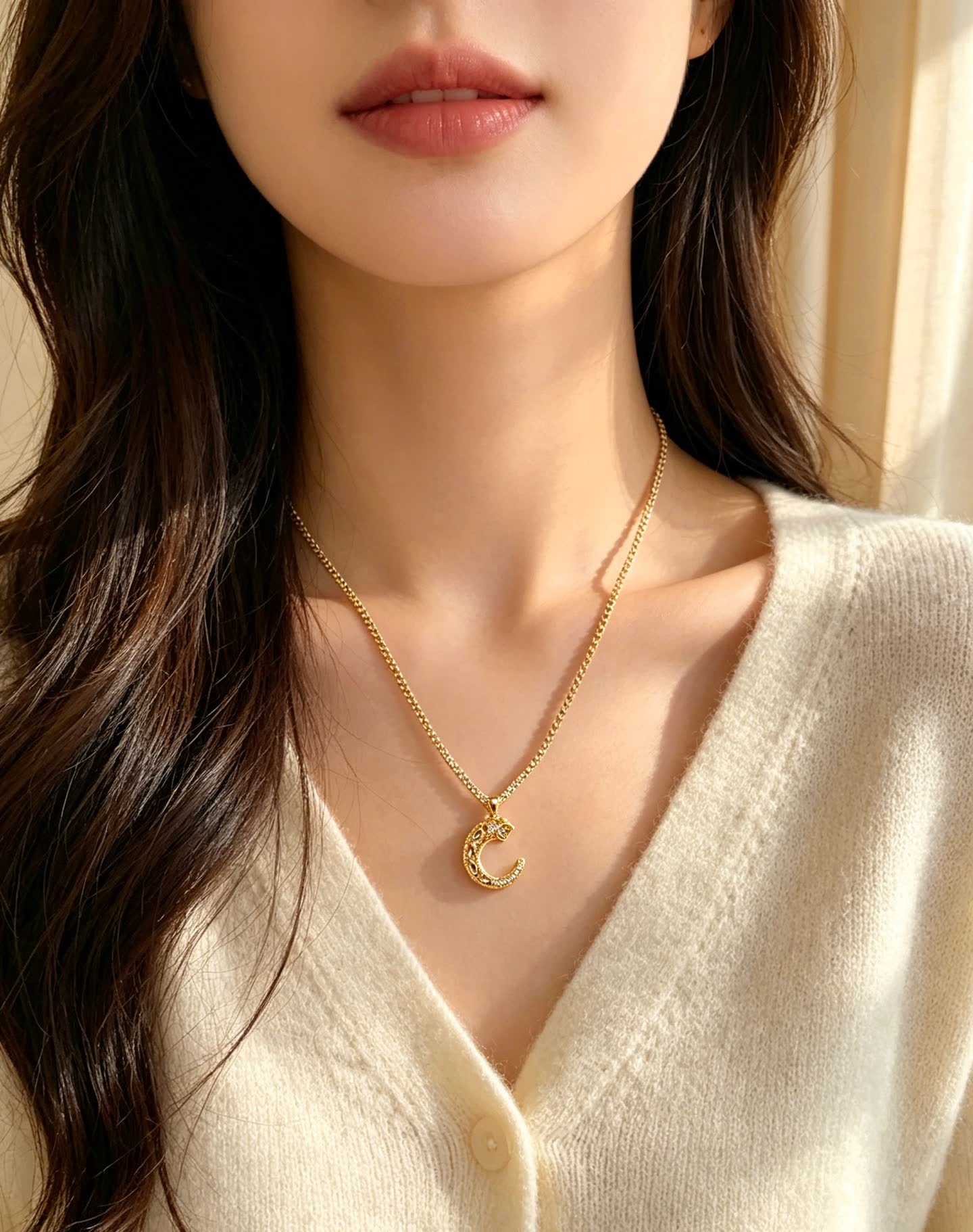 Cartier Gold and Diamond Crescent Moon Necklace
