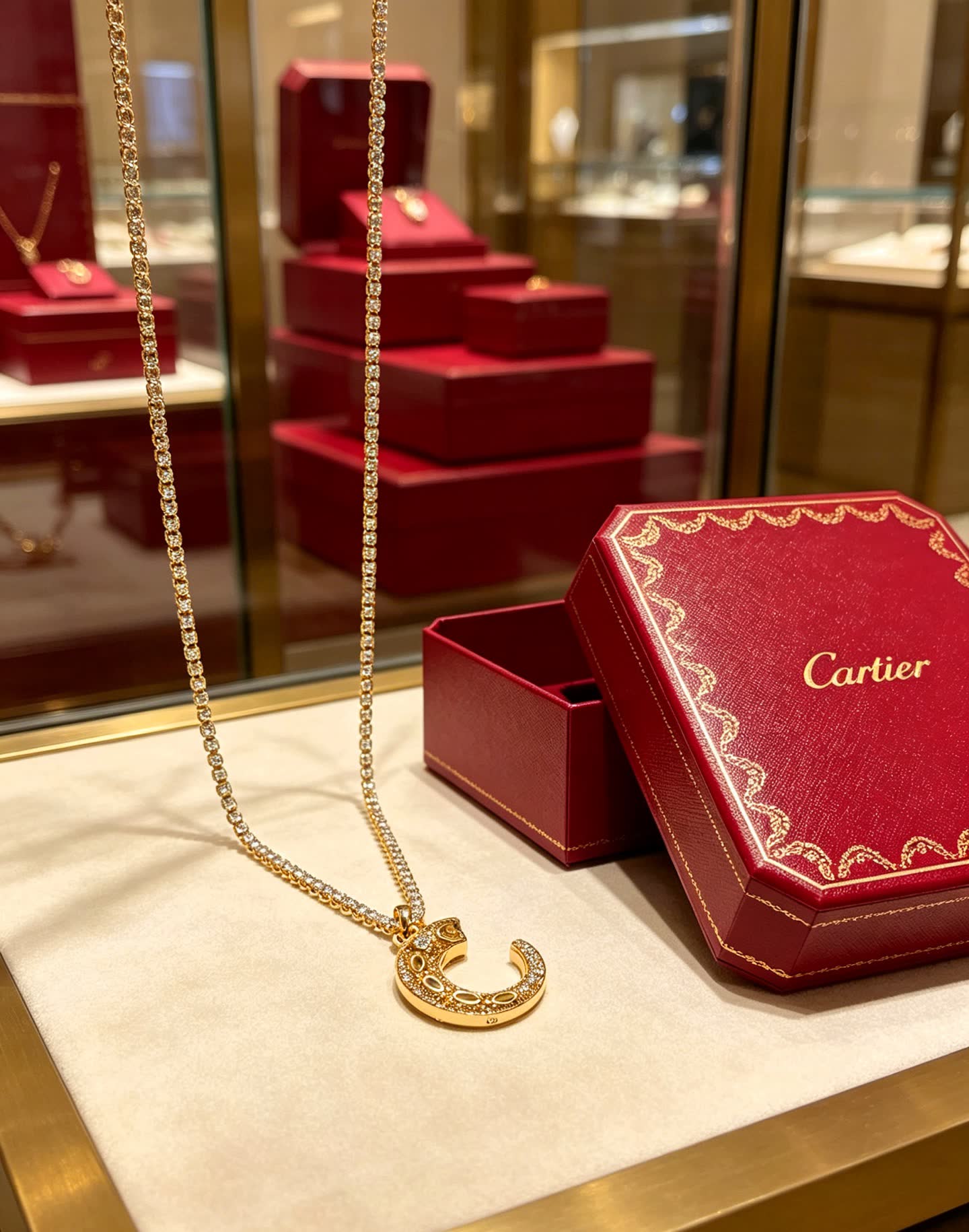 Cartier Gold and Diamond Crescent Moon Necklace