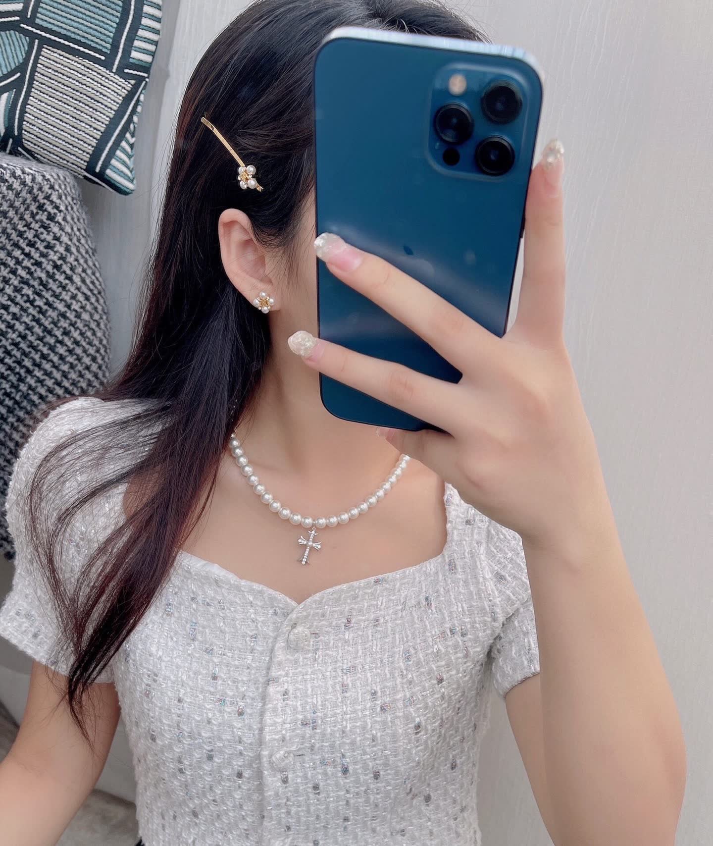 Celine Pearl Cross Pendant Necklace