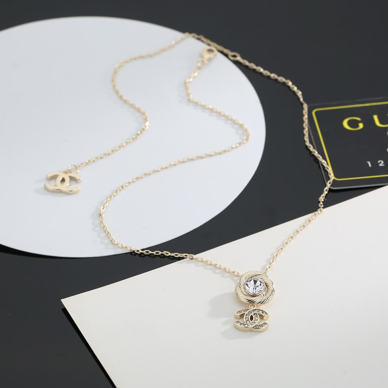 Chanel CC Logo Crystal Pendant Necklace