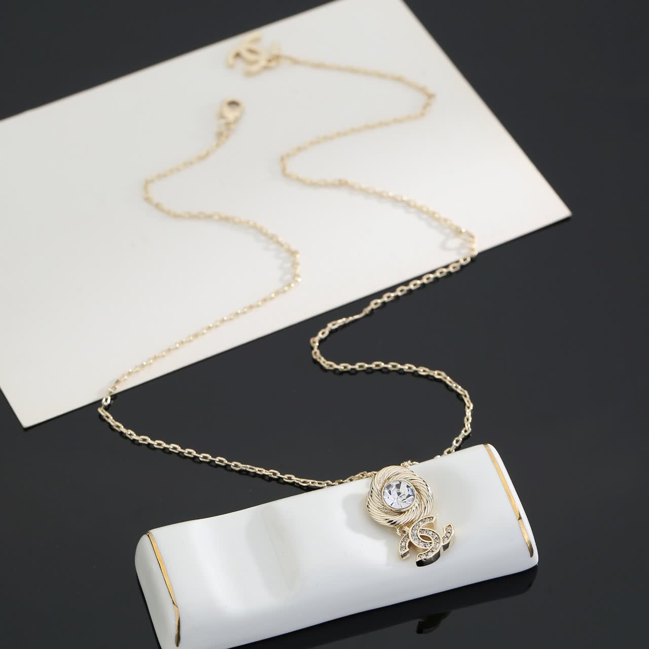 Chanel CC Logo Crystal Pendant Necklace