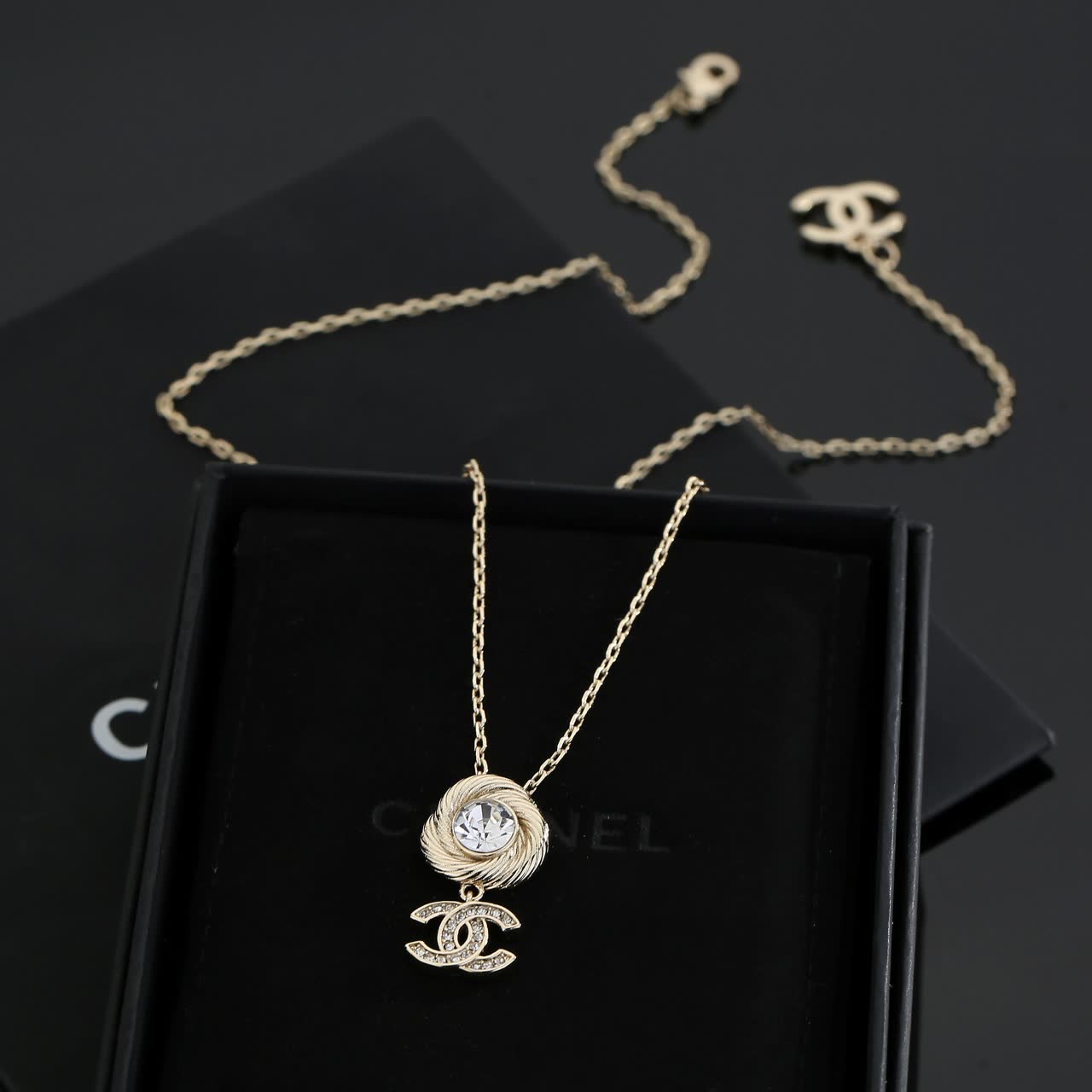 Chanel CC Logo Crystal Pendant Necklace