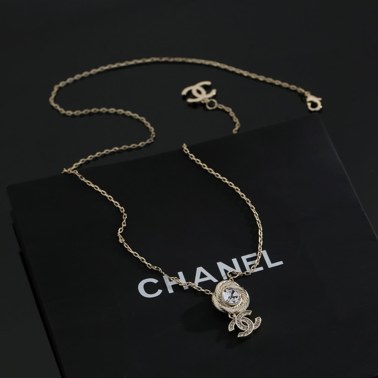Chanel CC Logo Crystal Pendant Necklace