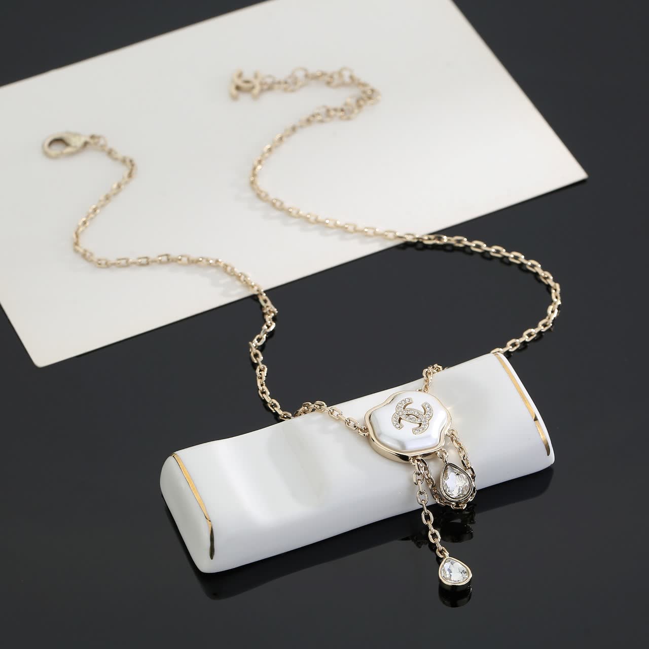 Chanel Gold and Pearl Necklace with Crystal Pendants