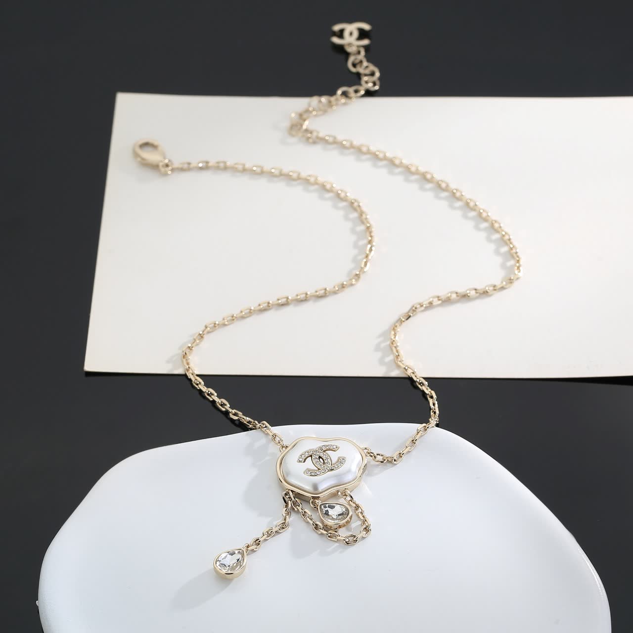 Chanel Gold and Pearl Necklace with Crystal Pendants