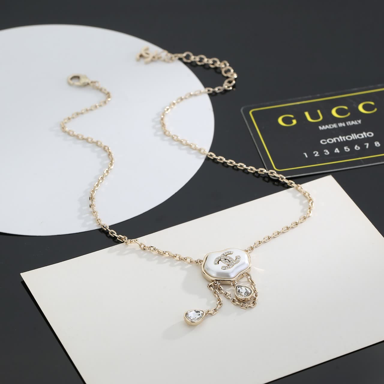 Chanel Gold and Pearl Necklace with Crystal Pendants