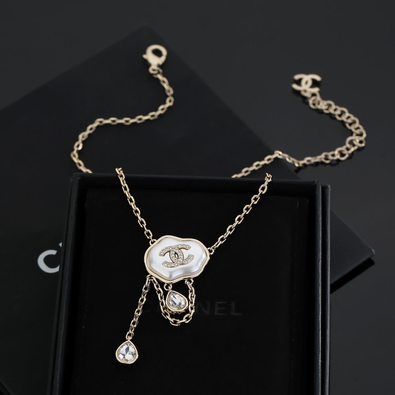 Chanel Gold and Pearl Necklace with Crystal Pendants