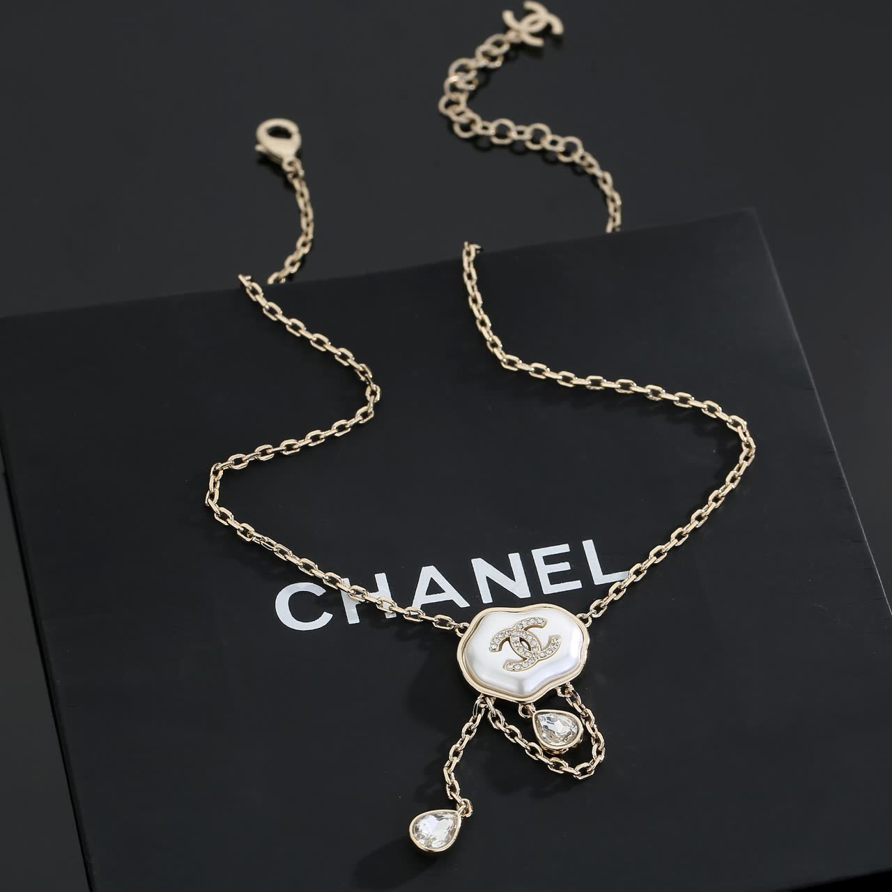Chanel Gold and Pearl Necklace with Crystal Pendants