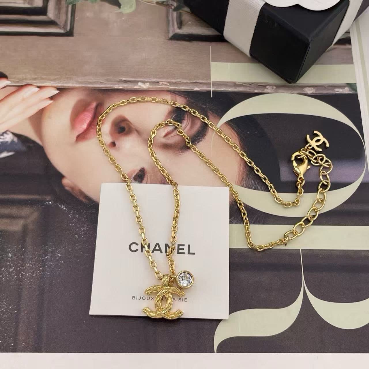 Chanel CC Logo Gold Plated Necklace with Crystal