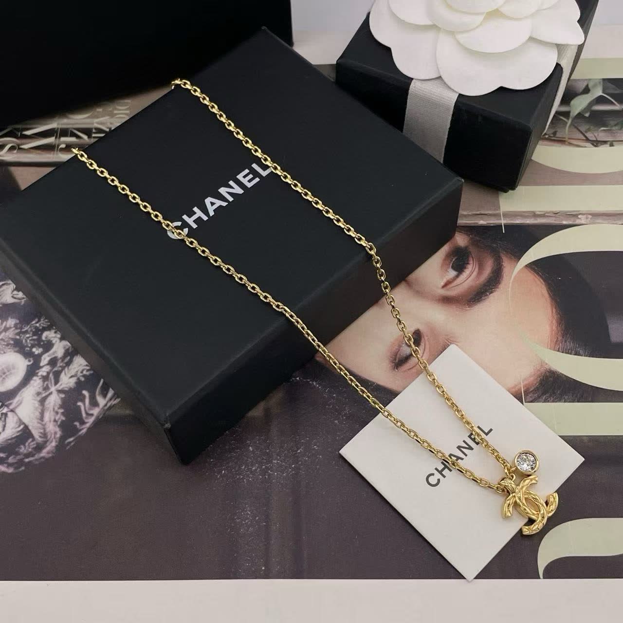 Chanel CC Logo Gold Plated Necklace with Crystal