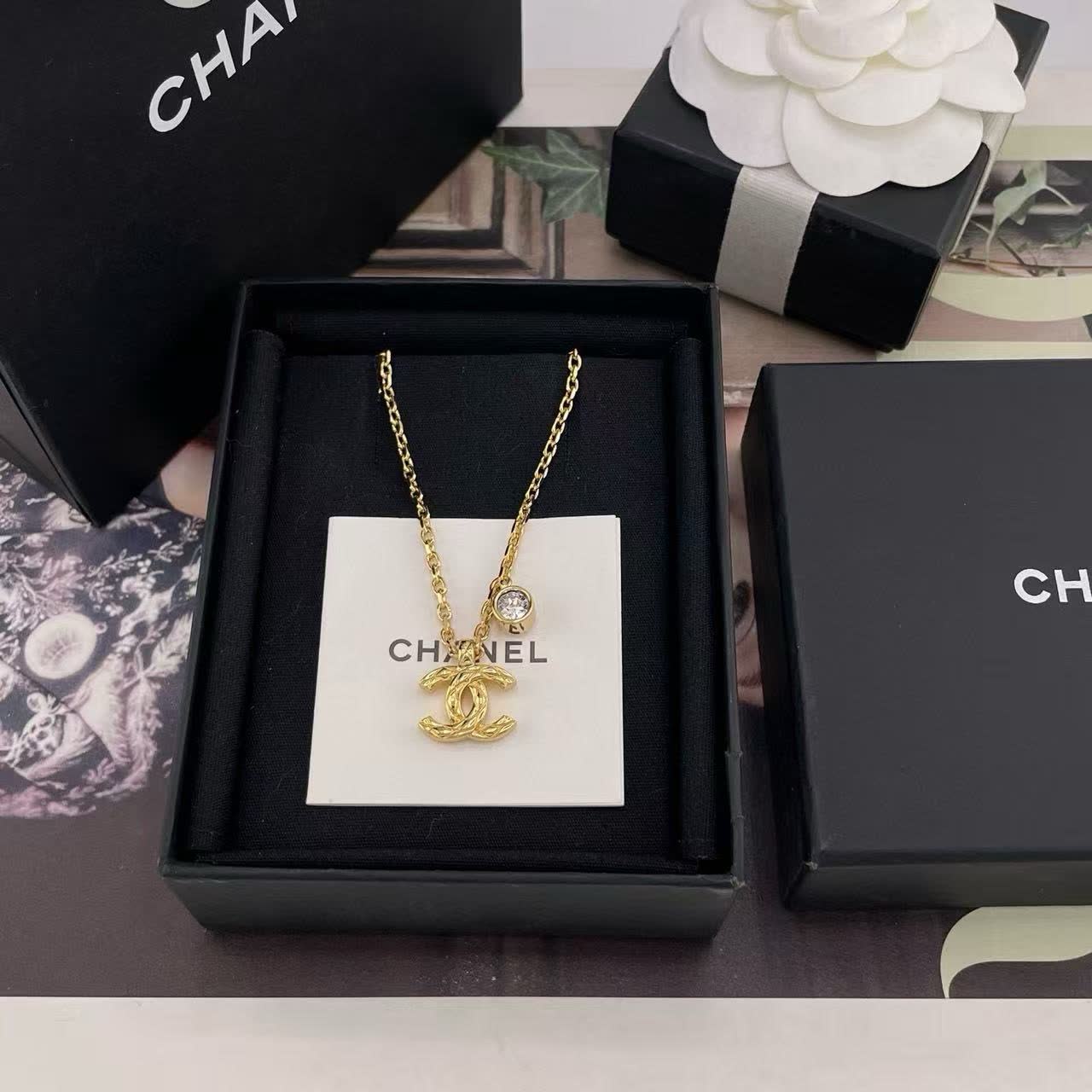 Chanel CC Logo Gold Plated Necklace with Crystal